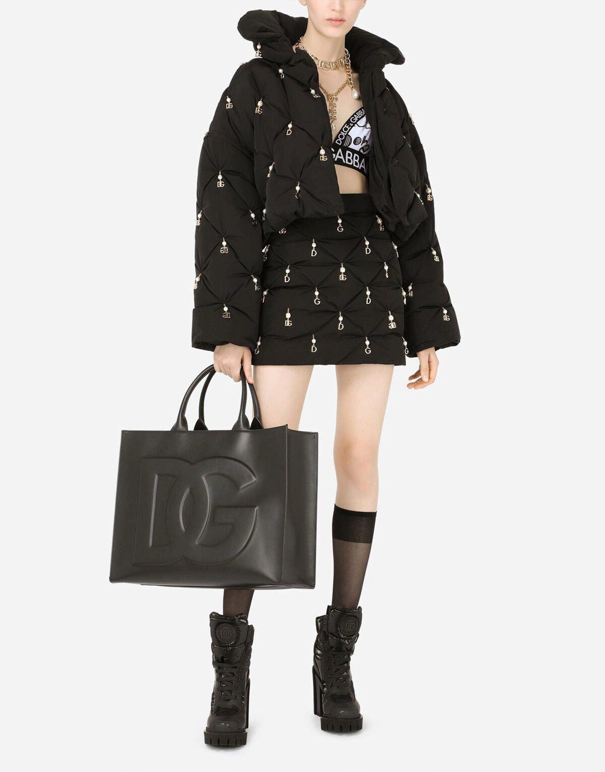 Dolce & Gabbana Quilted Down Jacket With Pearl Pendant Embellishment