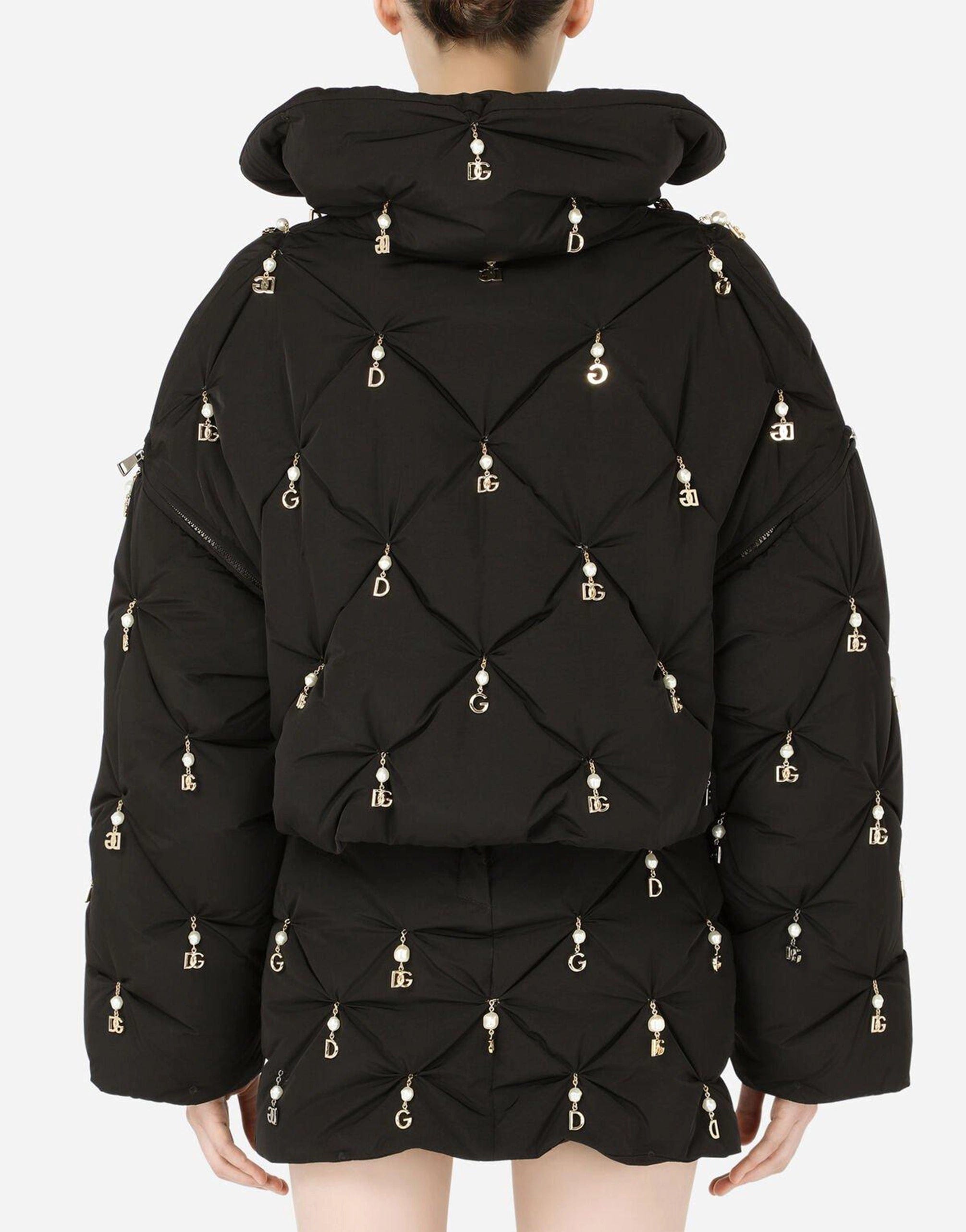 Quilted Down Jacket With Pearl Pendant Embellishment