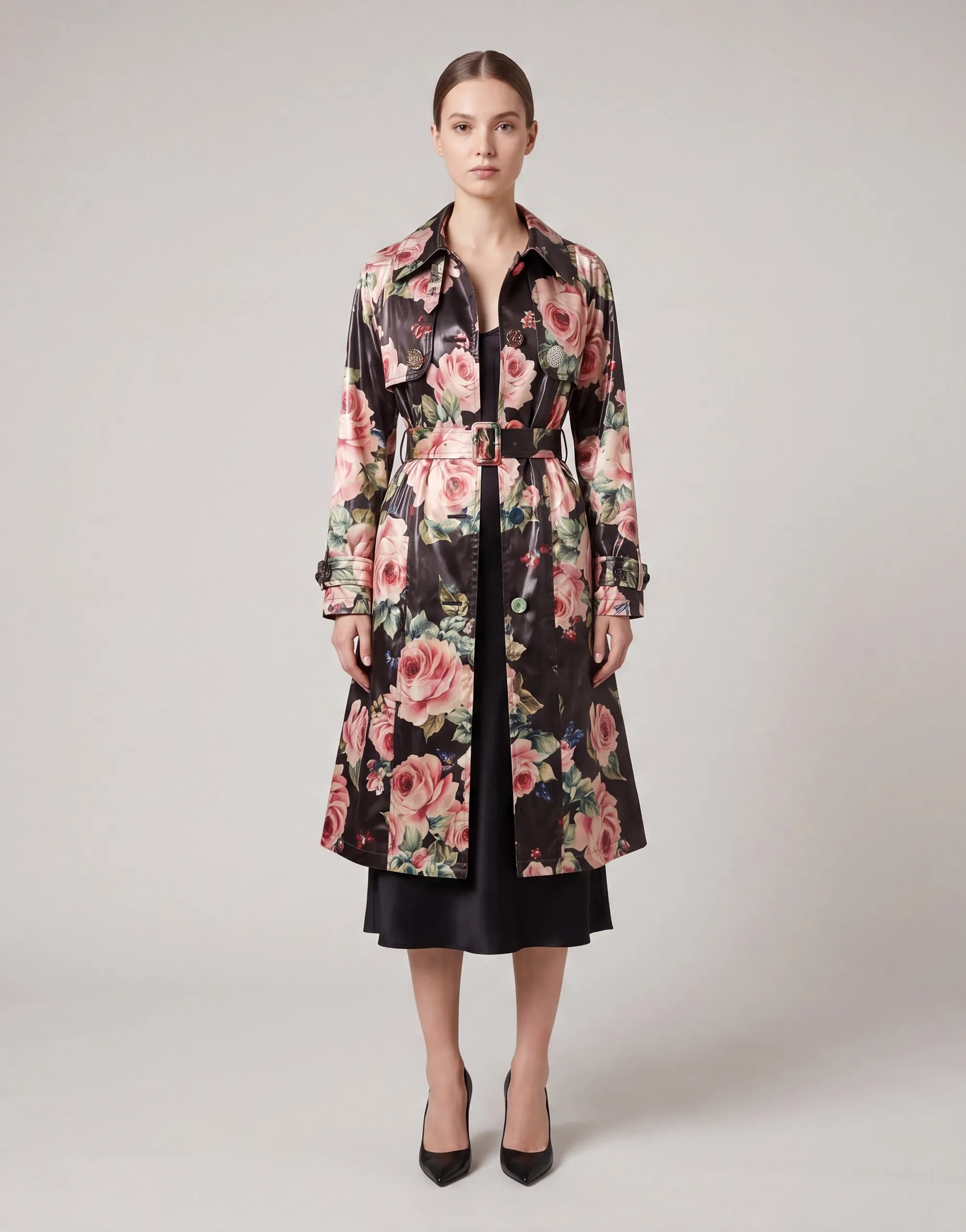 Rose Print Belted Trench Coat with Crystal Buttons - alternate view