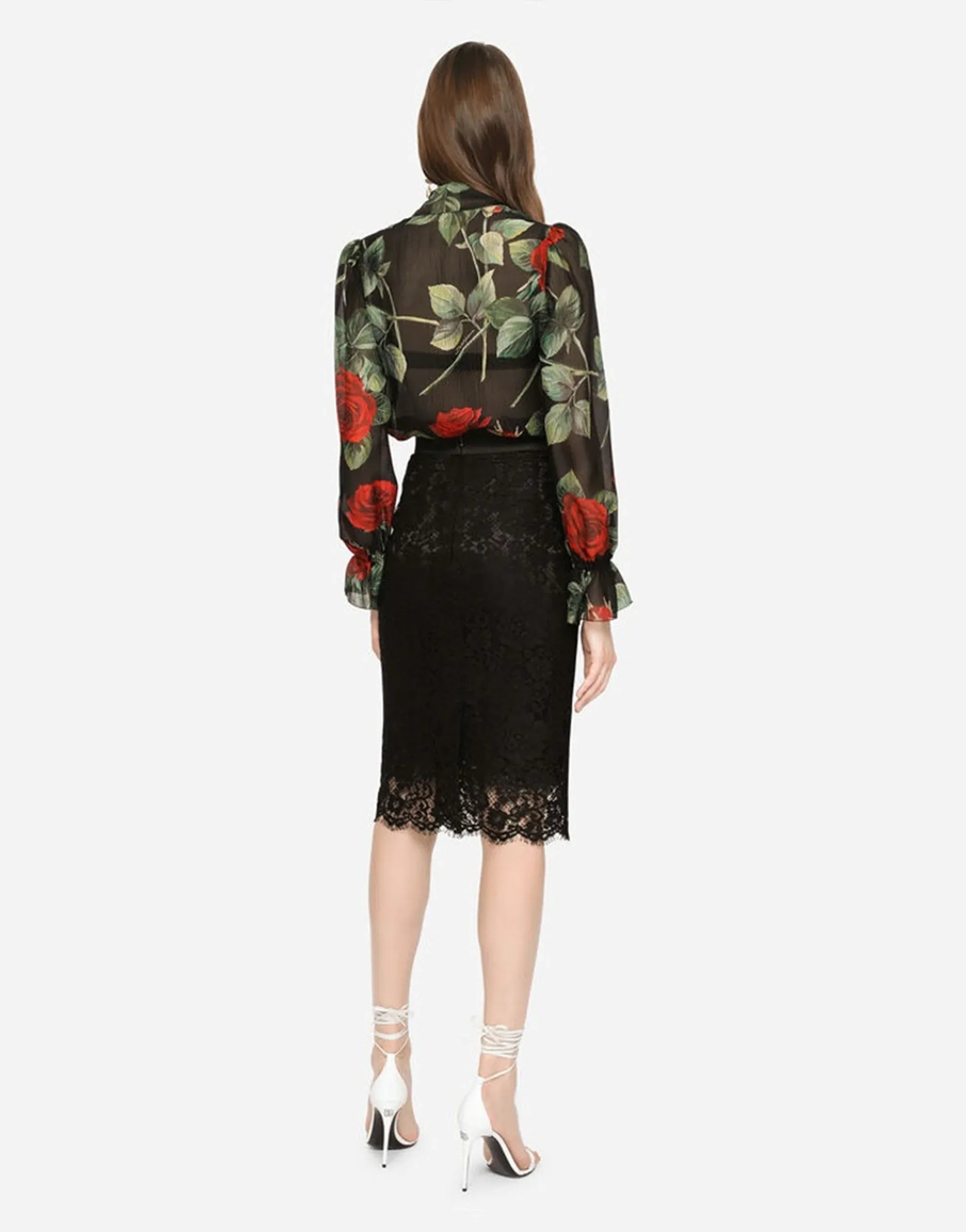 Dolce & Gabbana Rose Print Chiffon Pussy-Bow Shirt