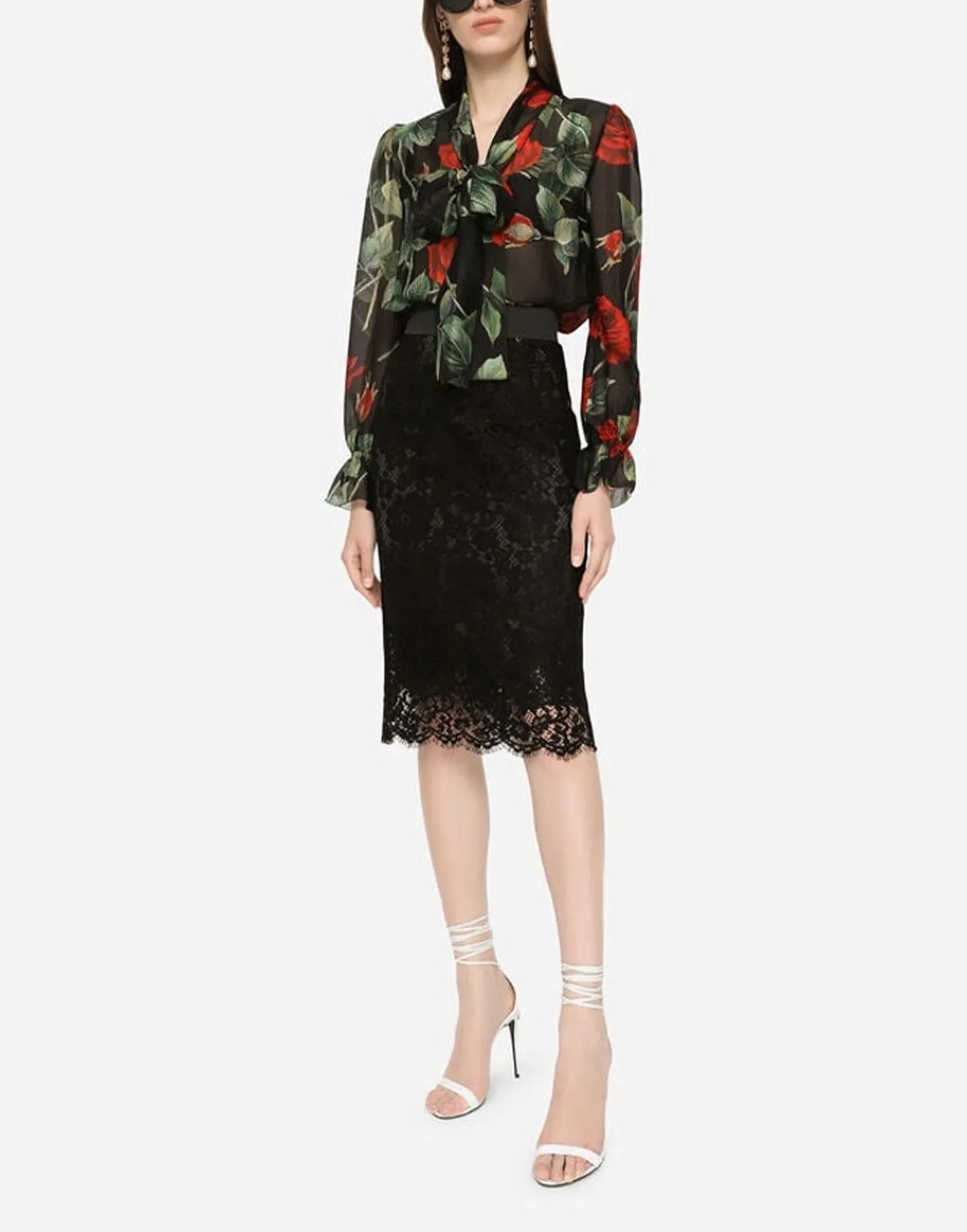 Dolce & Gabbana Rose Print Chiffon Pussy-Bow Shirt