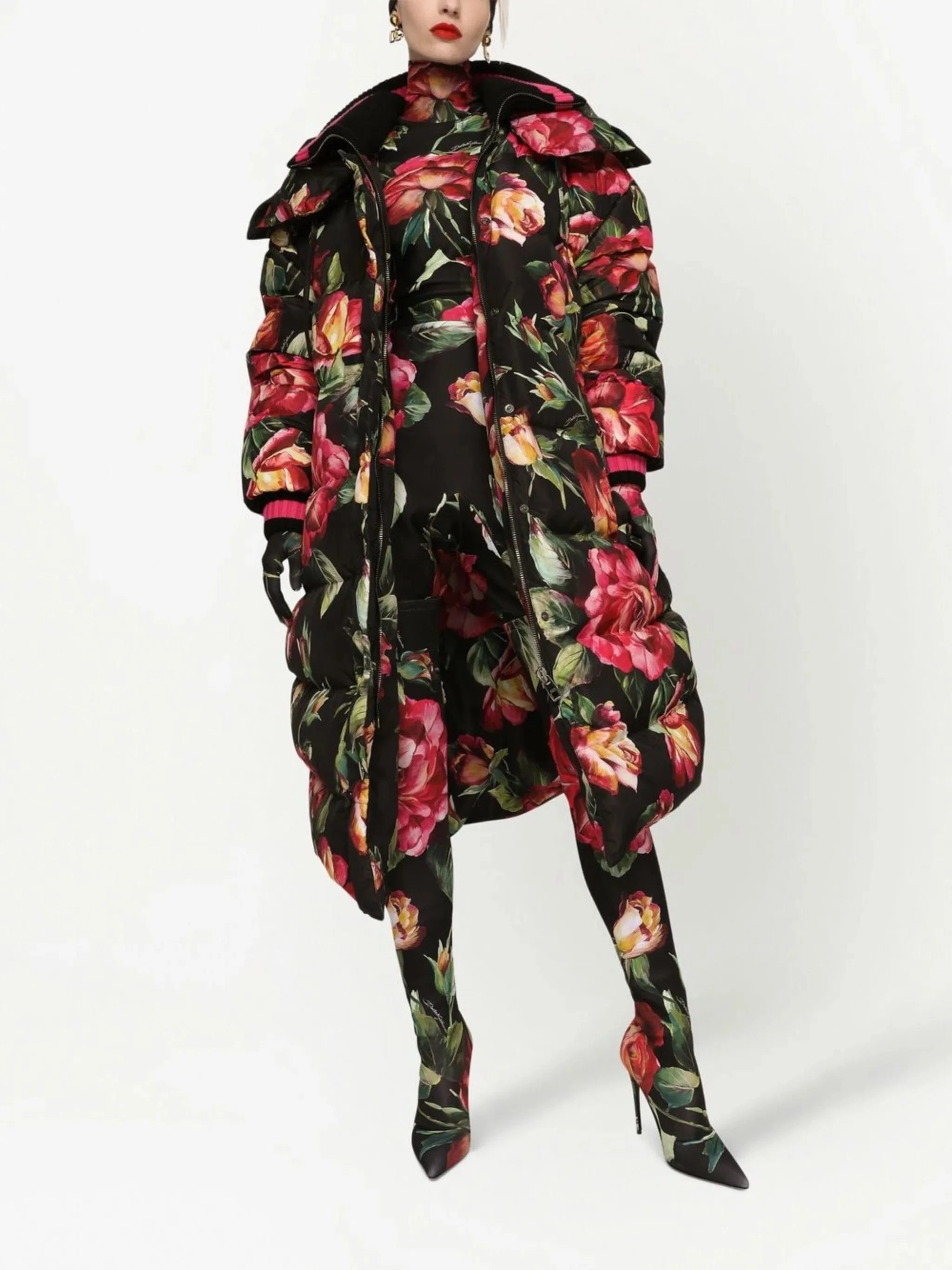Dolce & Gabbana Rose-Print Long Down Jacket