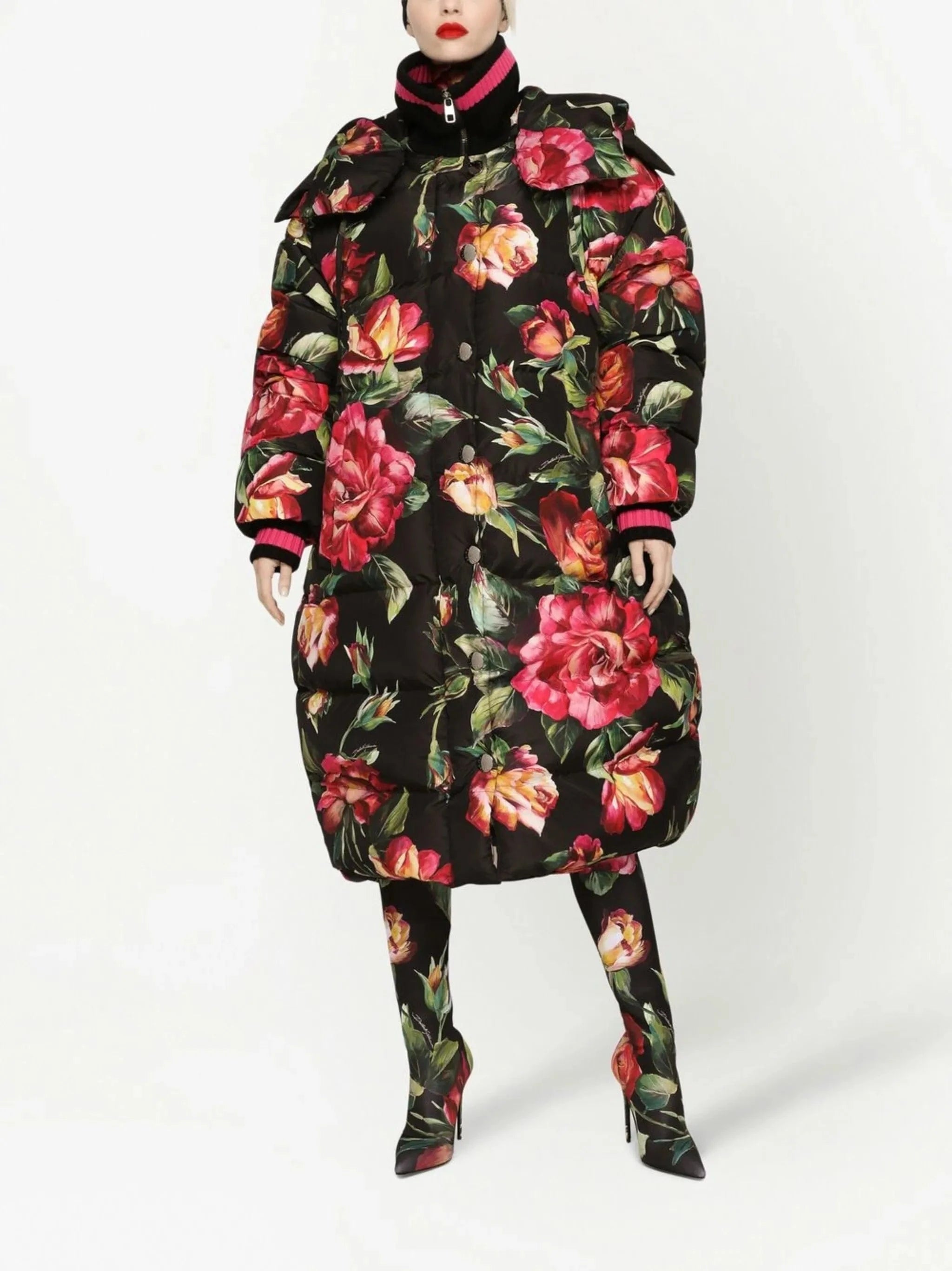 Dolce & Gabbana Rose-Print Long Down Jacket