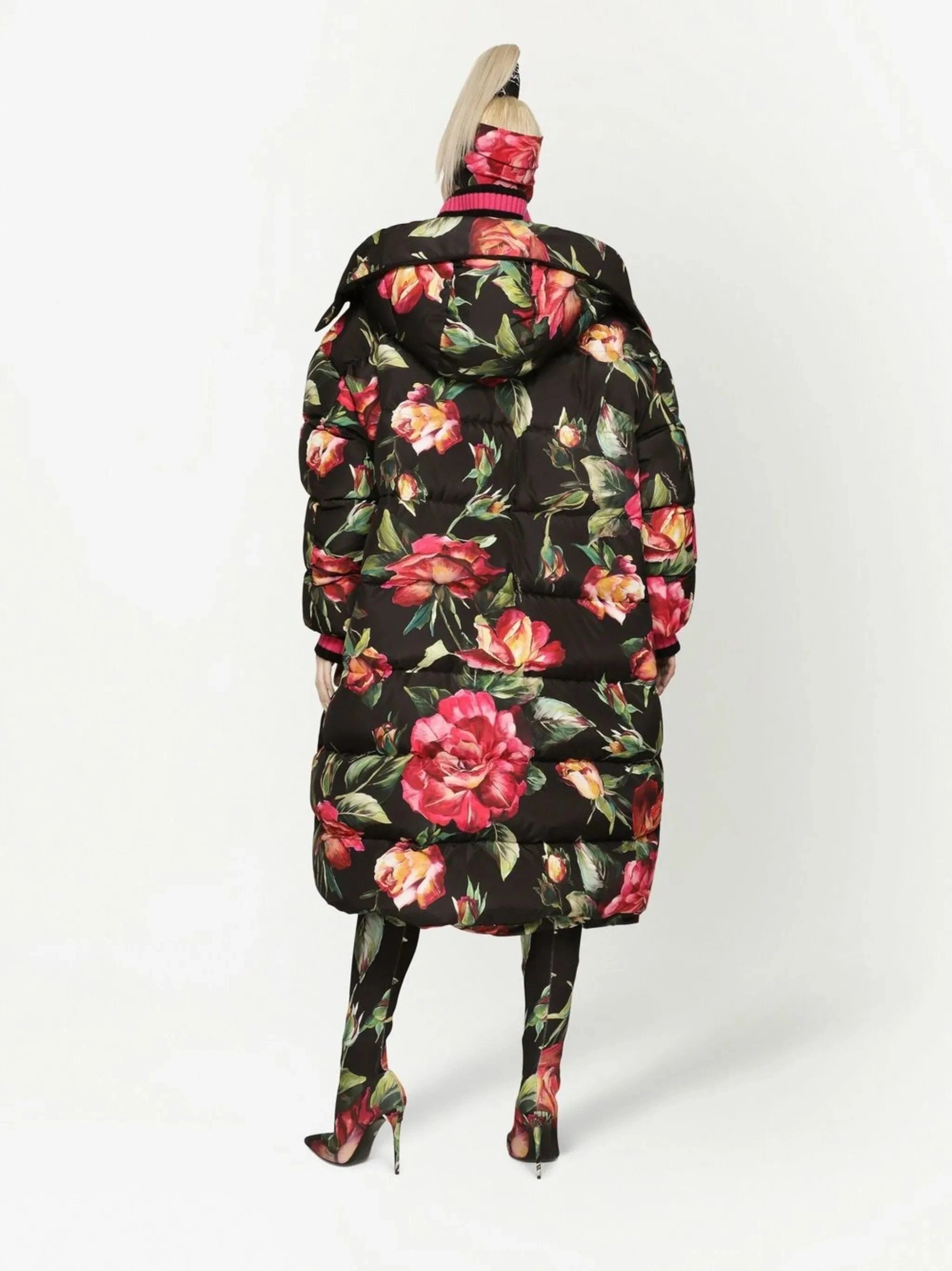 Dolce & Gabbana Rose-Print Long Down Jacket