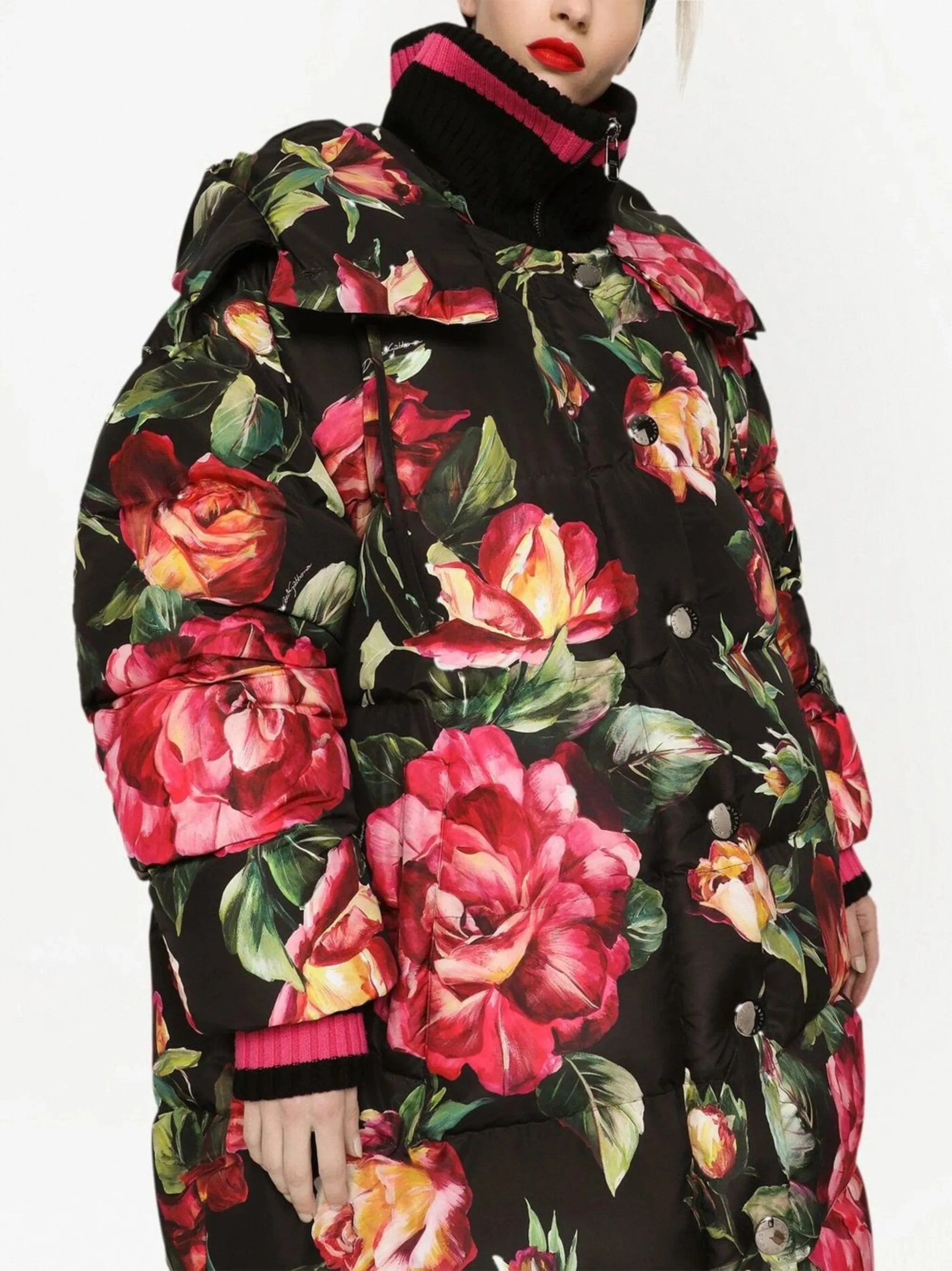 Dolce & Gabbana Rose-Print Long Down Jacket