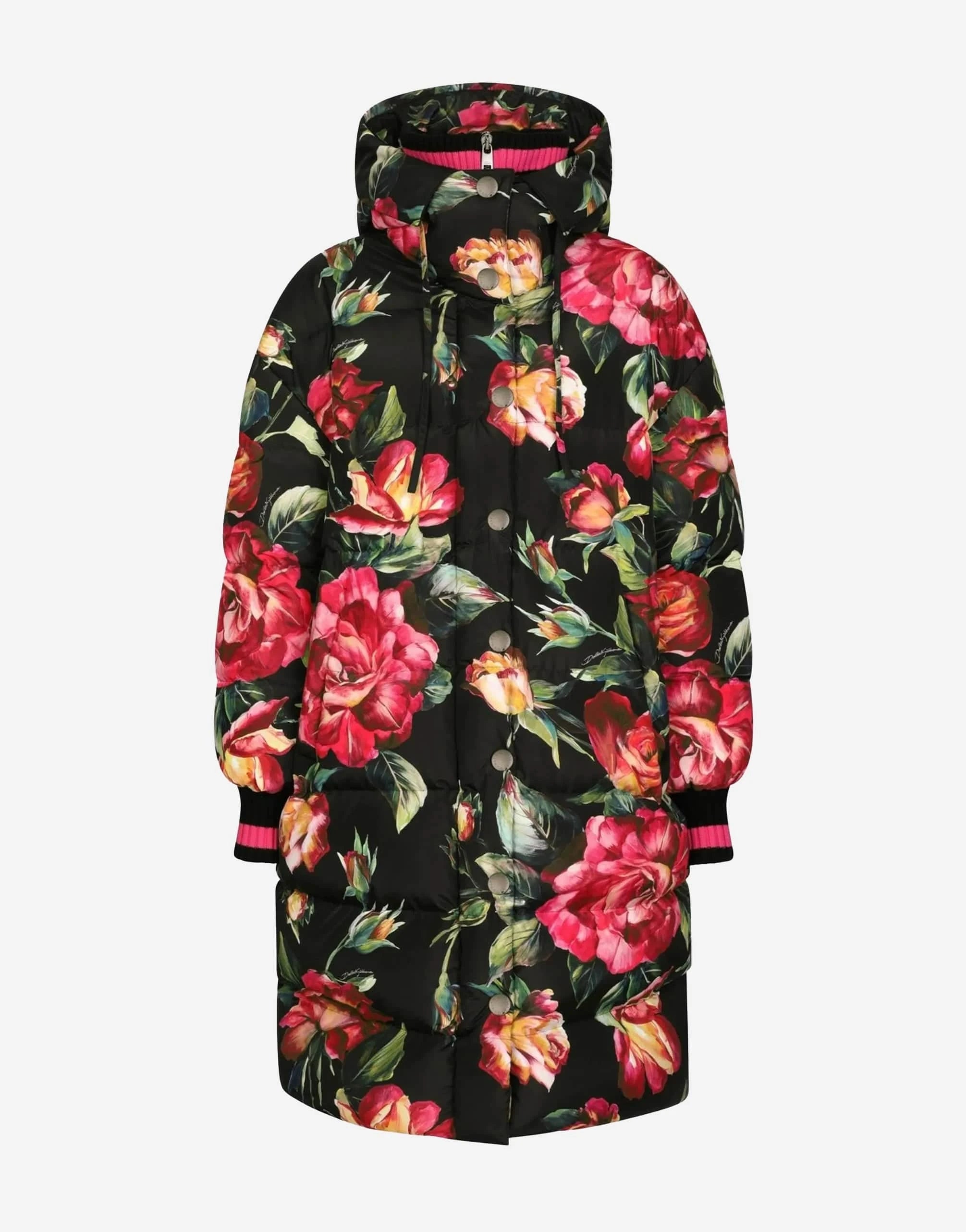 Dolce & Gabbana Rose-Print Long Down Jacket