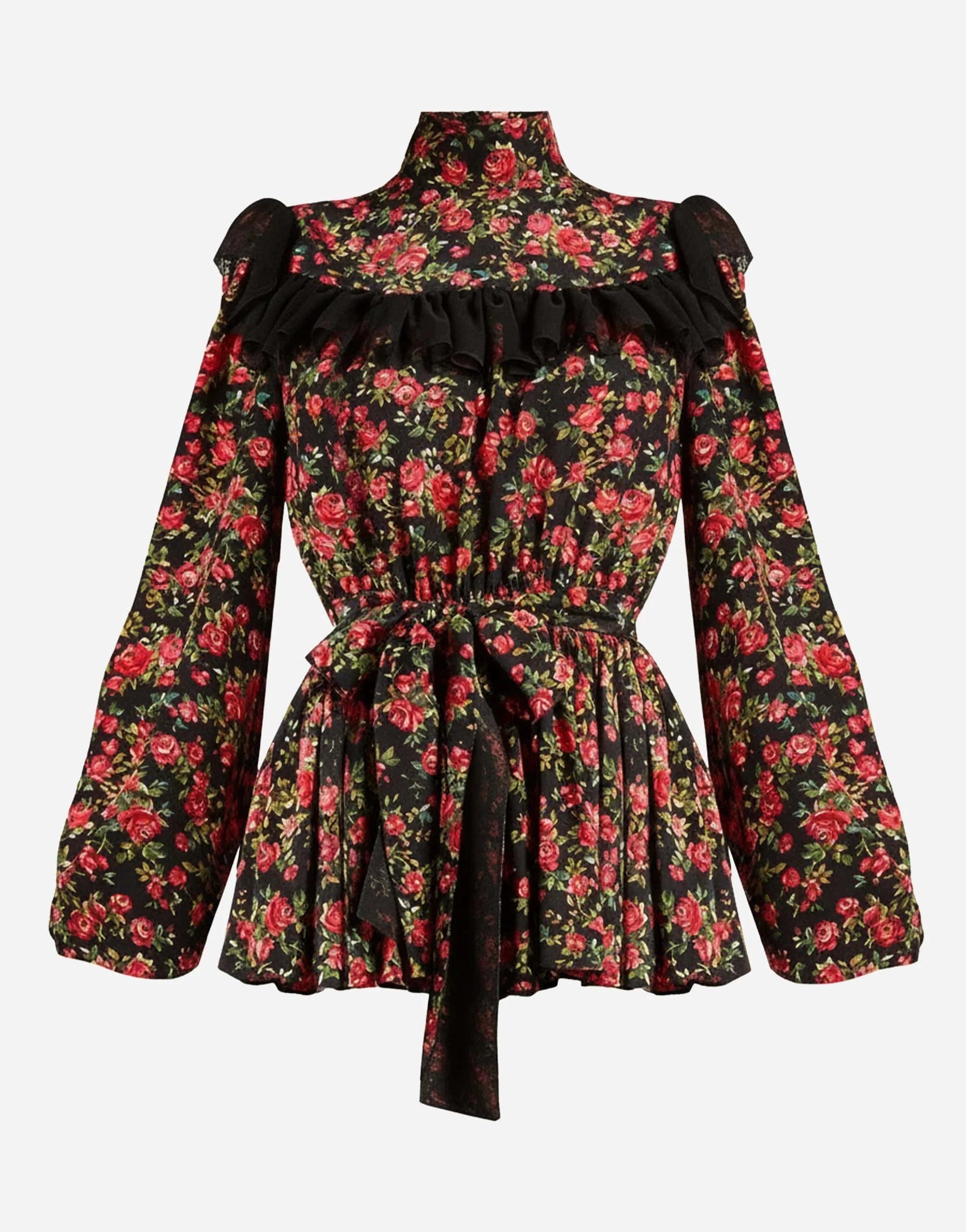 Dolce & Gabbana Rose-Print Ruffle-Trimmed Silk Blouse