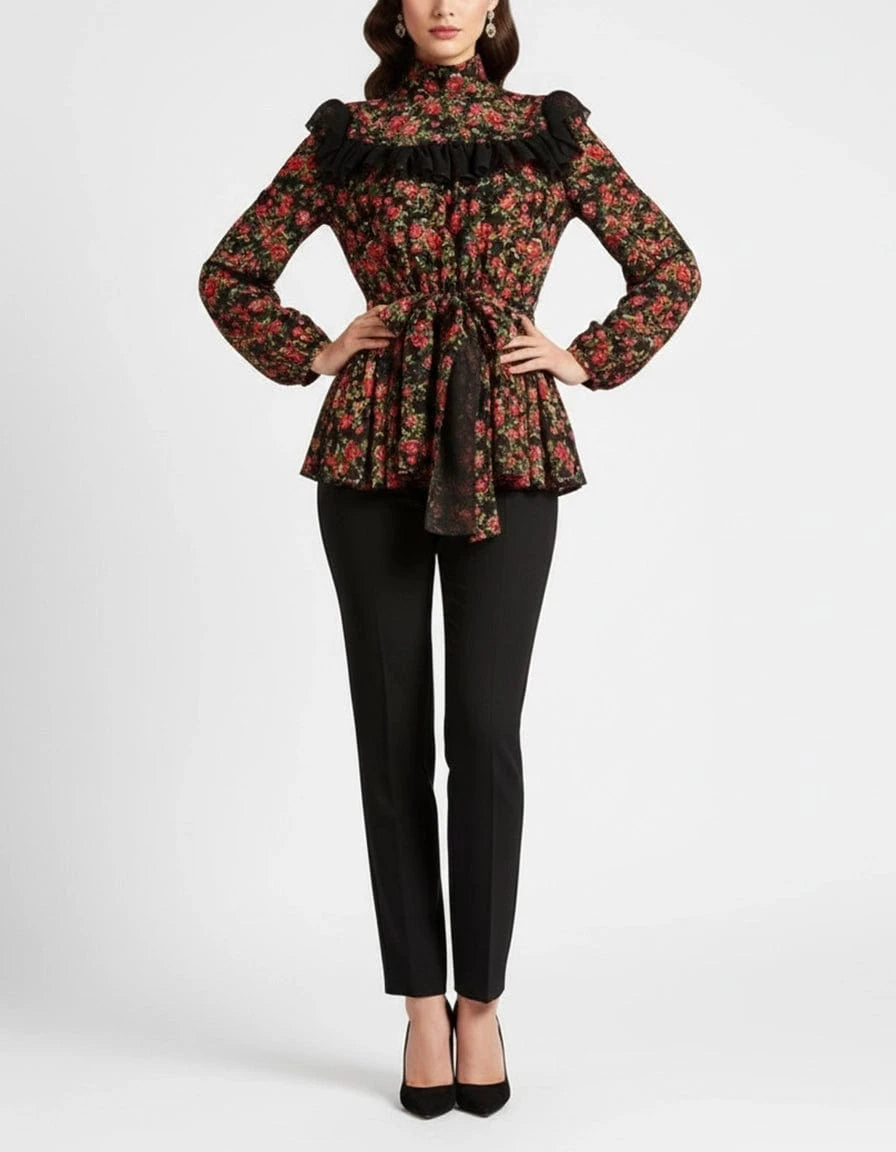 Dolce & Gabbana Rose-Print Ruffle-Trimmed Silk Blouse
