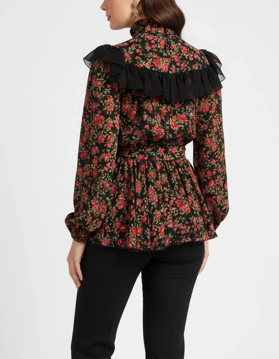 Dolce & Gabbana Rose-Print Ruffle-Trimmed Silk Blouse
