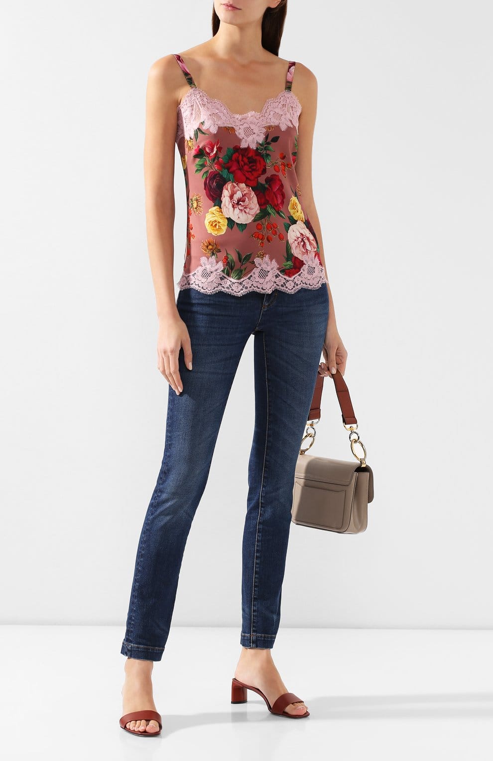 Camisete de seda com estampa de rosas e acabamento em renda - alternate view