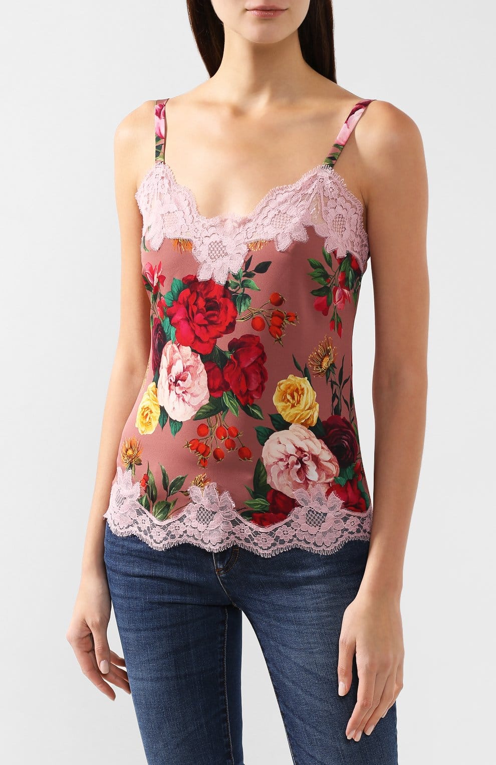 Dolce & Gabbana Rose Print Silk Camisole with Lace Trim