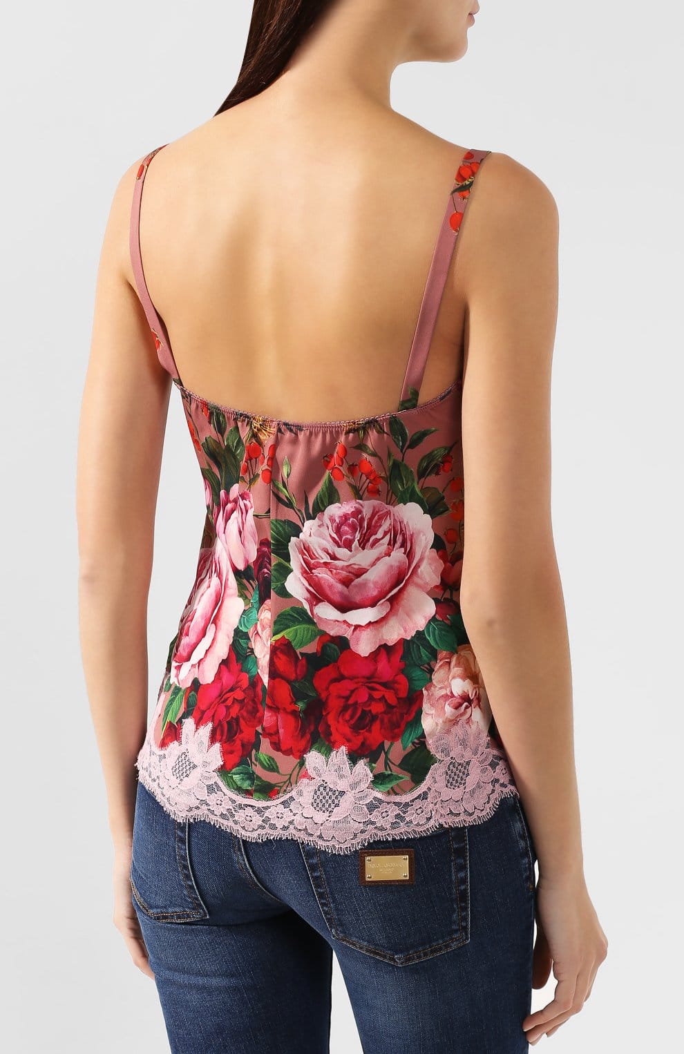 Dolce & Gabbana Rose Print Silk Camisole with Lace Trim