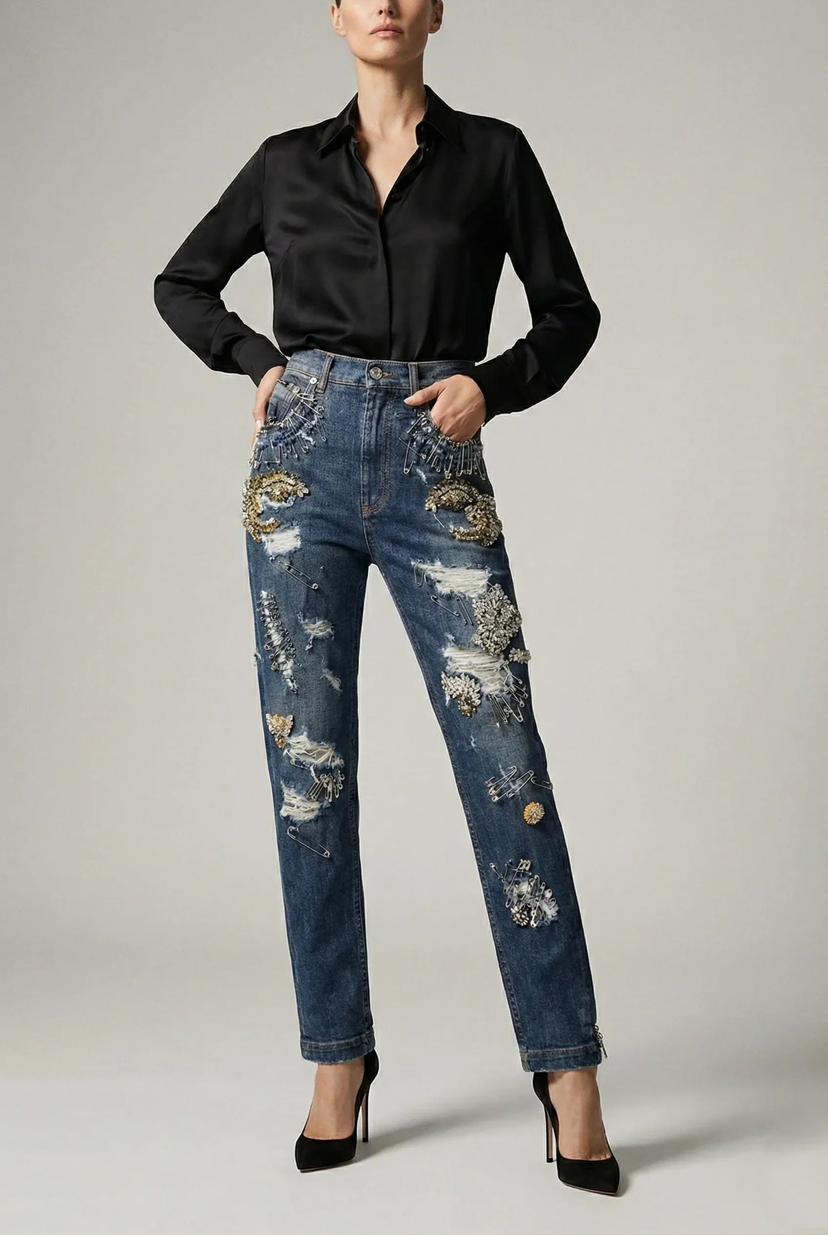 Dolce & Gabbana Runway Amber Rhinestone And Pins Embellished Jeans