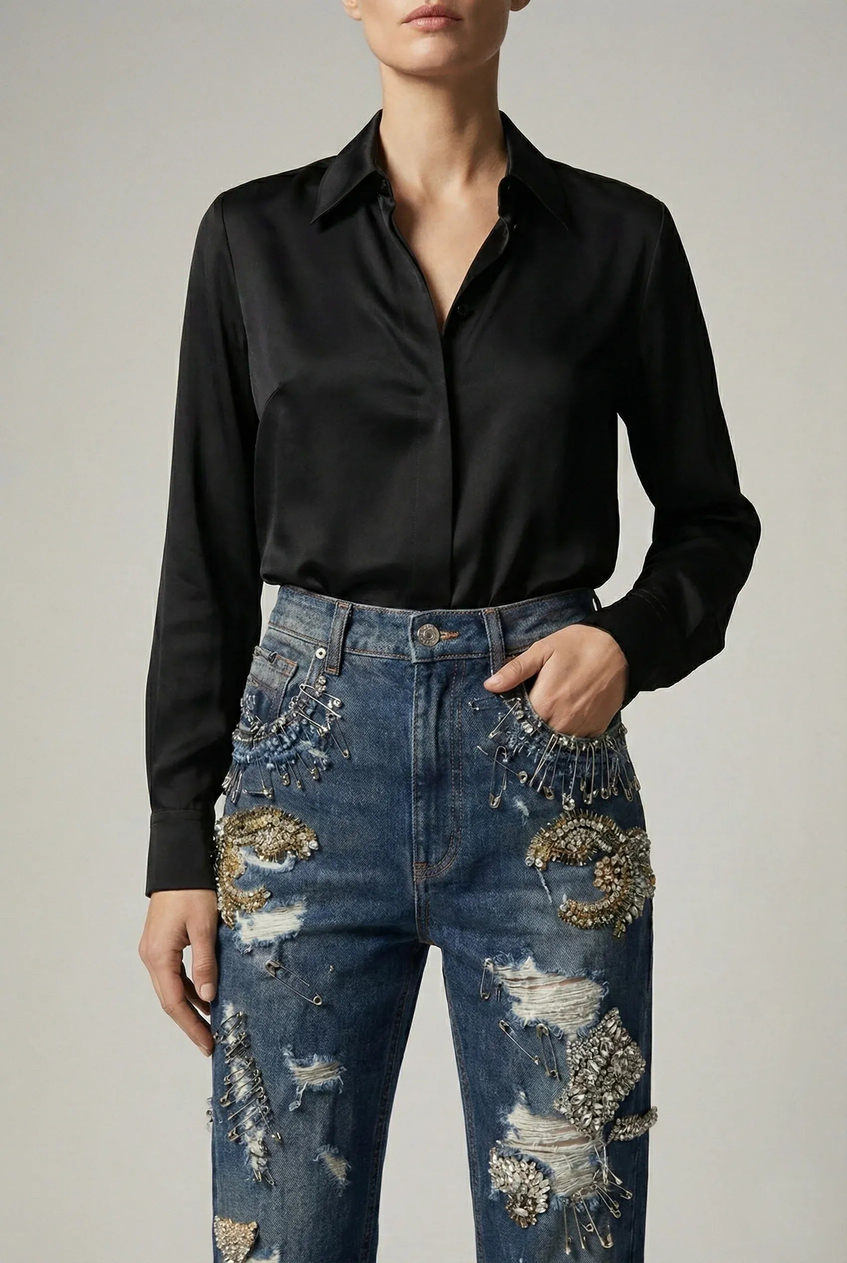 Dolce & Gabbana Runway Amber Rhinestone And Pins Embellished Jeans