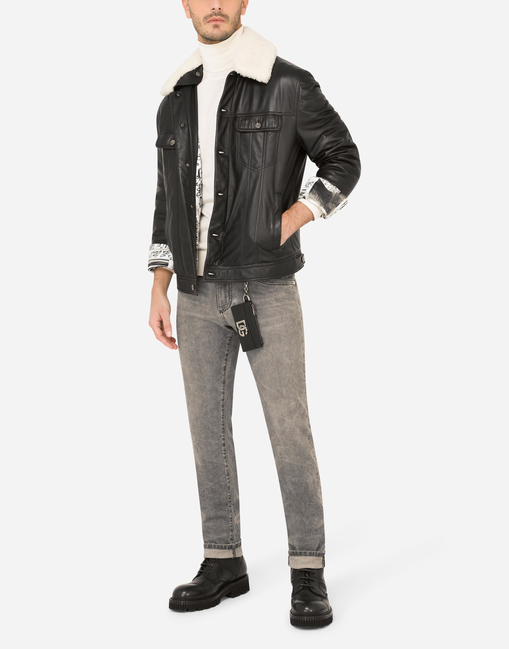 Dolce & Gabbana Shearling Collar Leather Jacket