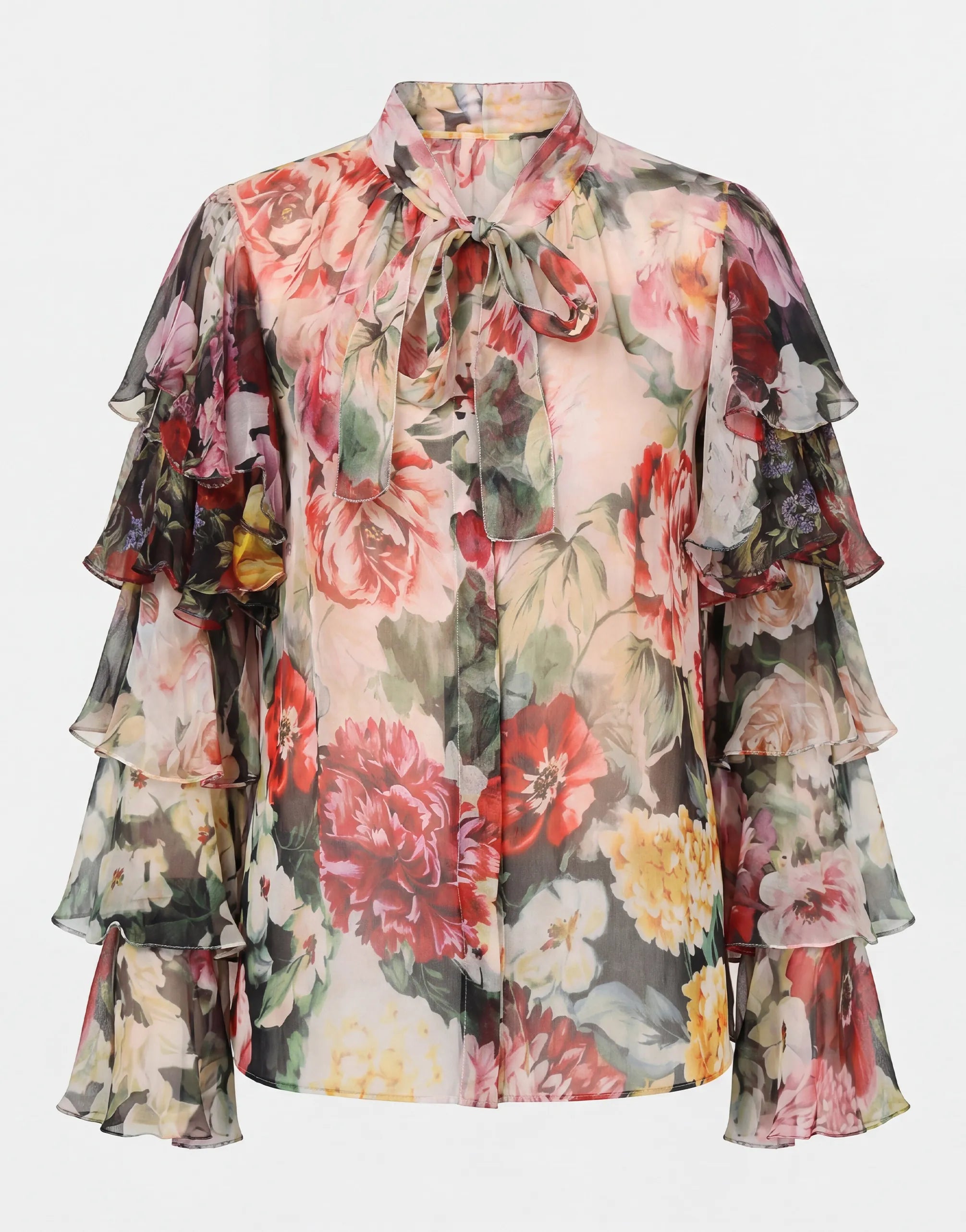Dolce & Gabbana Sheer Floral Ruffle Silk Blouse