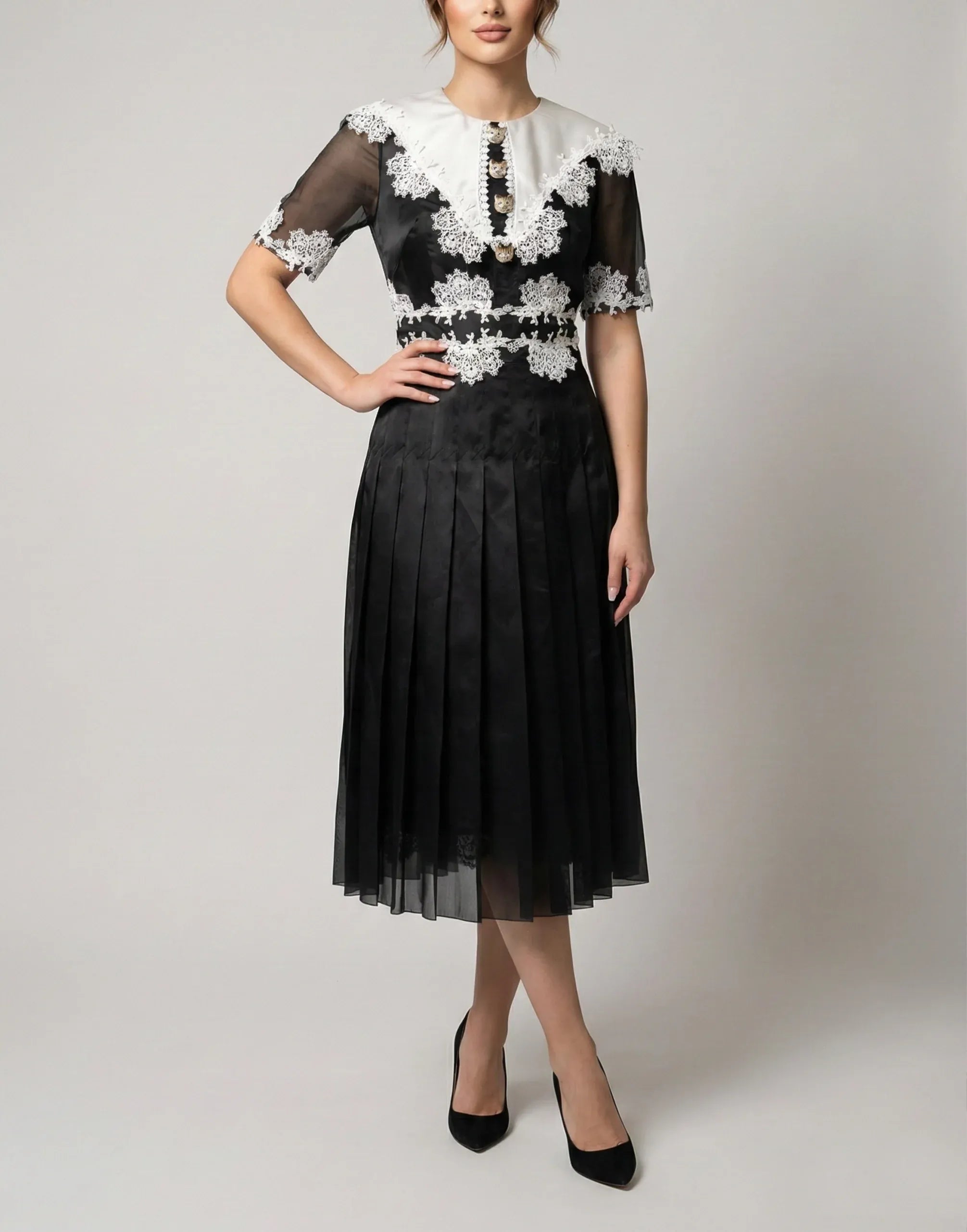 Dolce & Gabbana Silk-Blend Macramé Lace Pleated Midi Dress