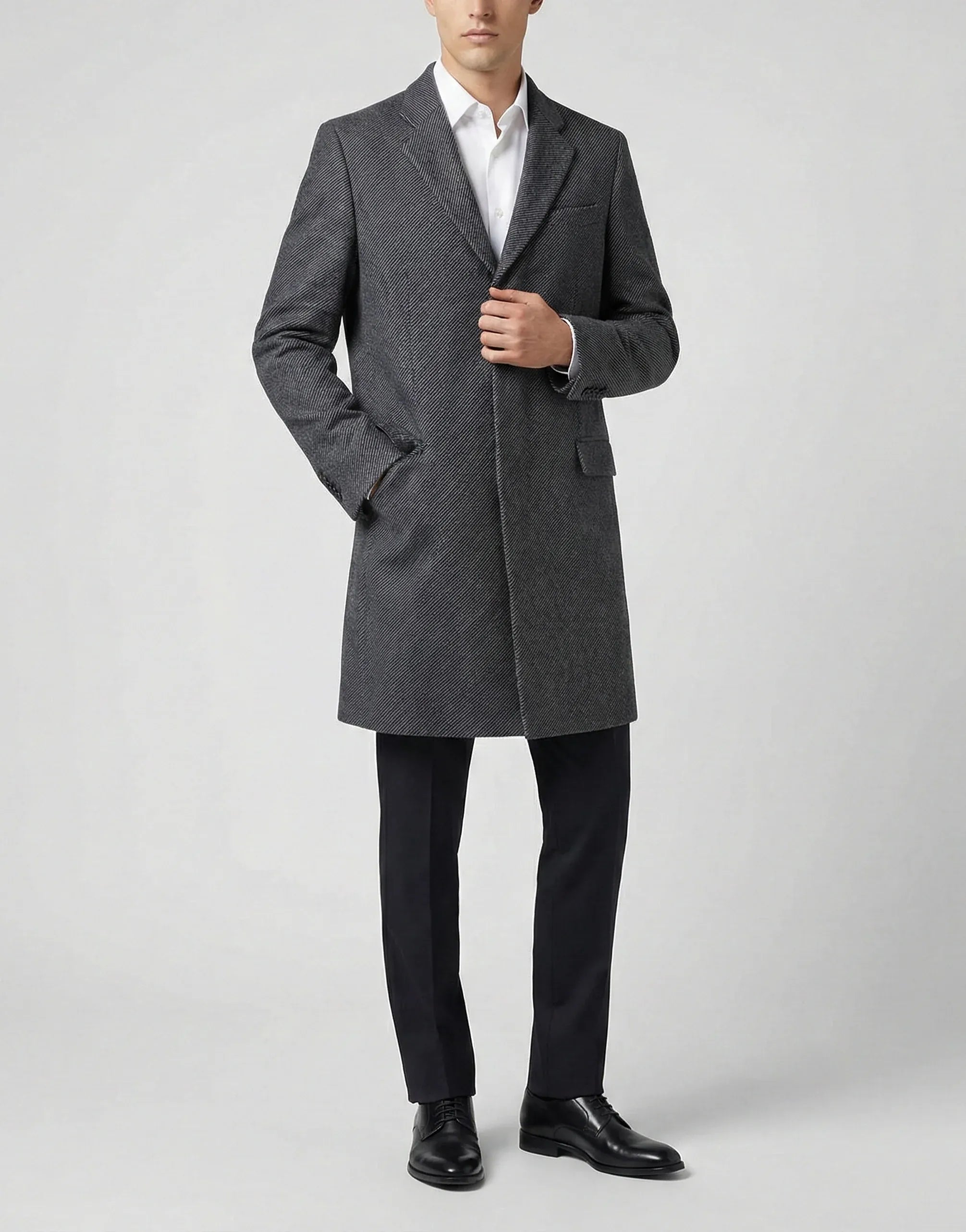 Single-Breasted Grey Herringbone Wool Blend Coat - alternate view