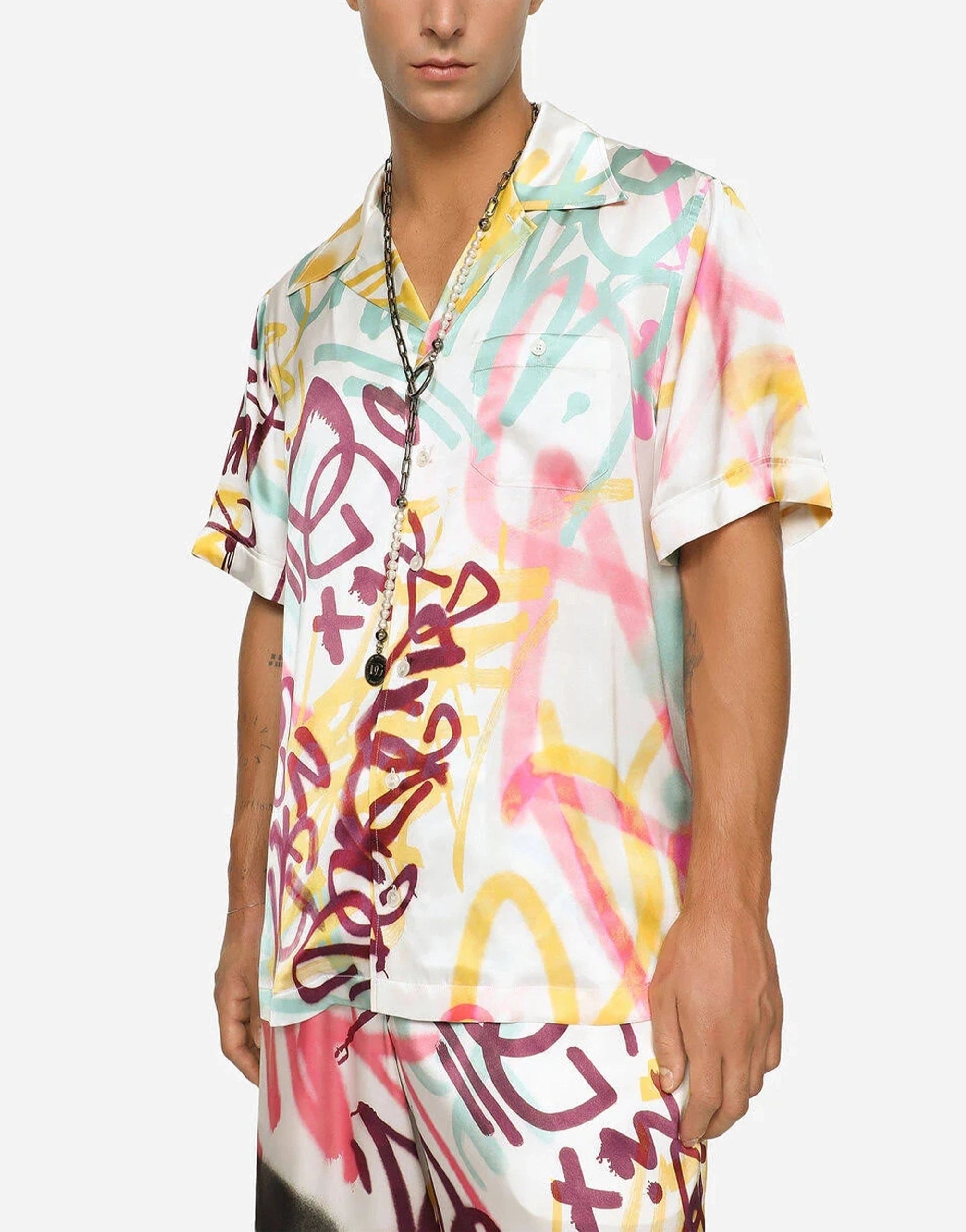 Dolce & Gabbana Spray-Paint Graffiti Print Silk Hawaiian Shirt