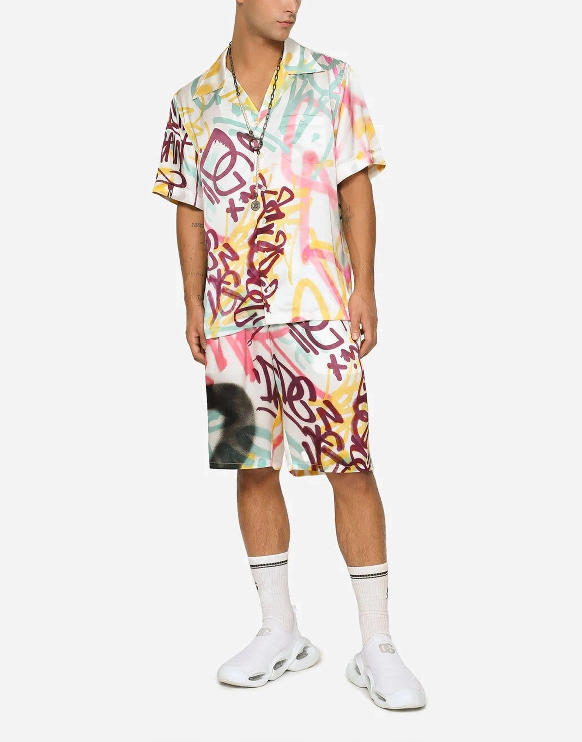 Dolce & Gabbana Spray-Paint Graffiti Print Silk Hawaiian Shirt