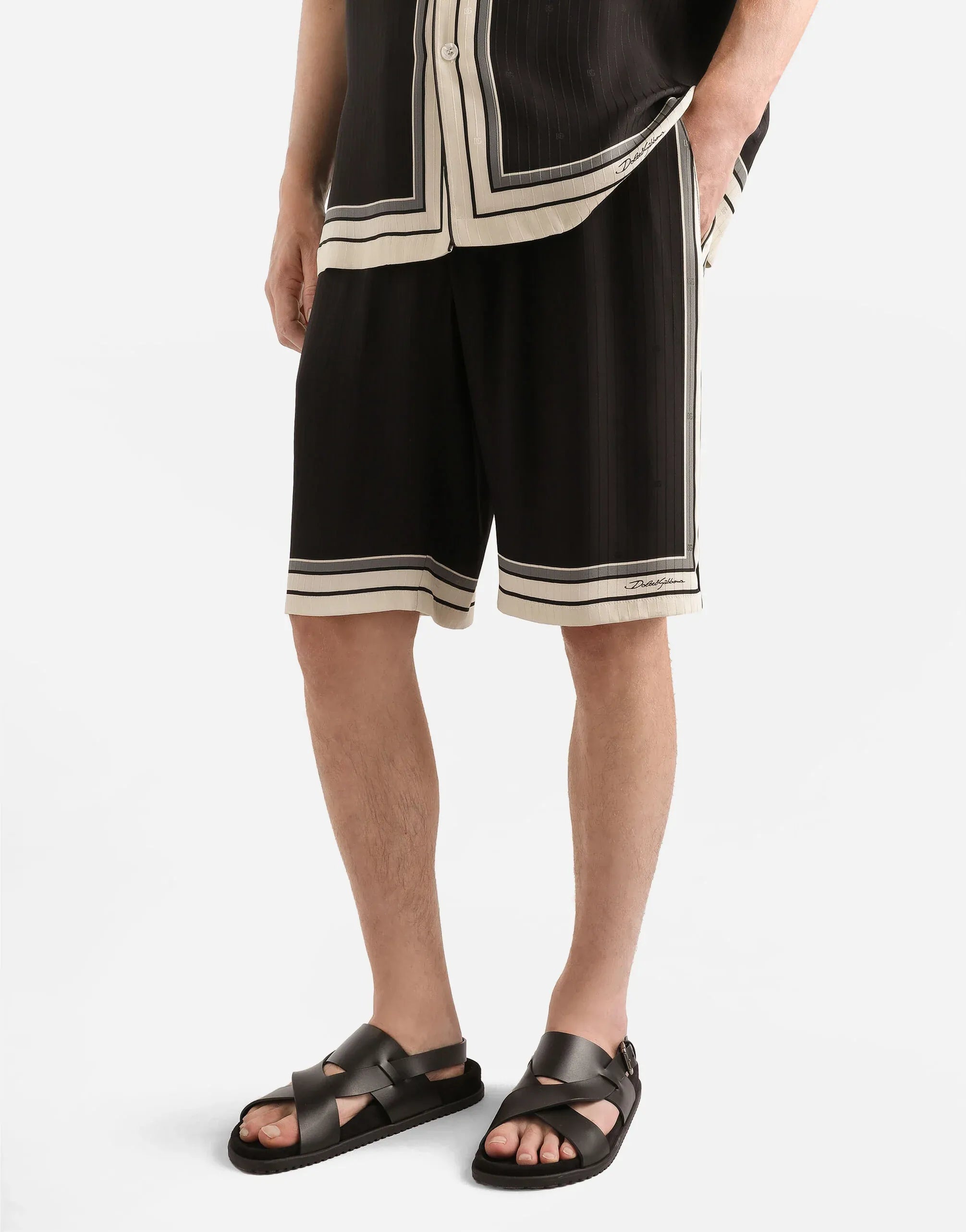 Dolce & Gabbana Stripe-Print Logo Silk Bermuda Shorts