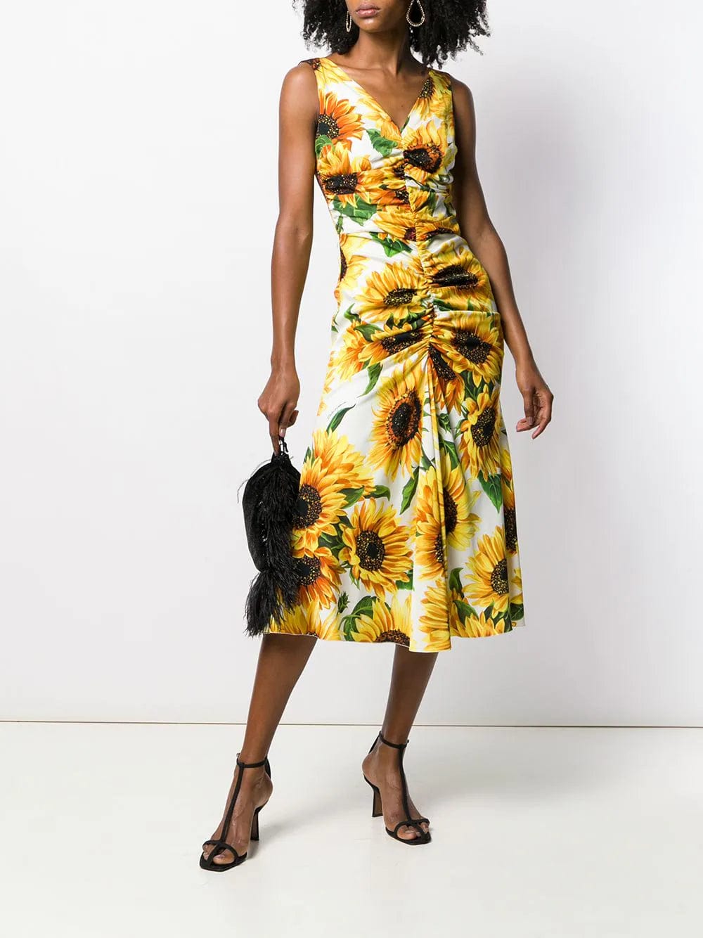 Dolce & Gabbana Sunflower Print Ruched Midi Dress