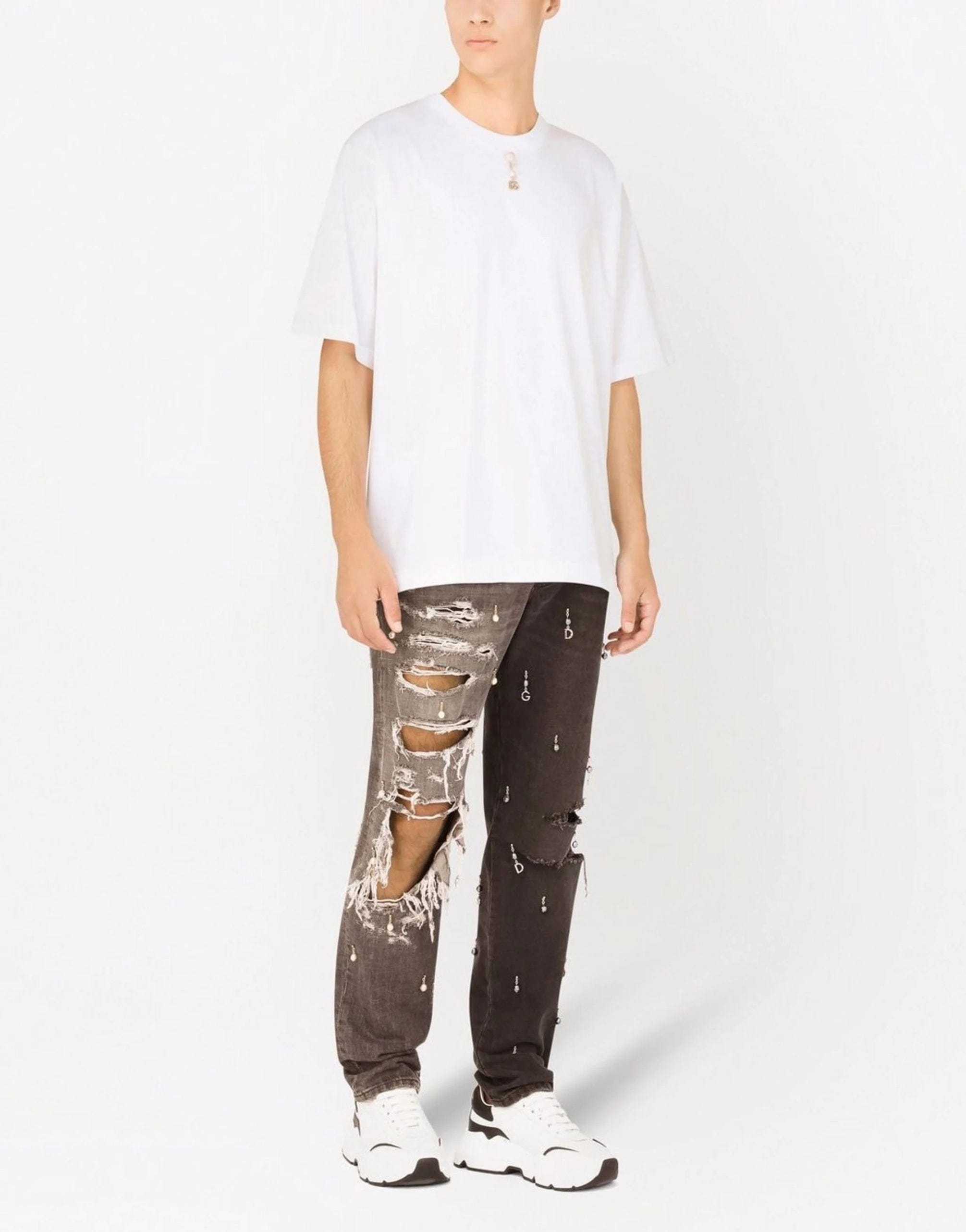 Dolce & Gabbana T-Shirt With Pearl Pendant And DG Logo