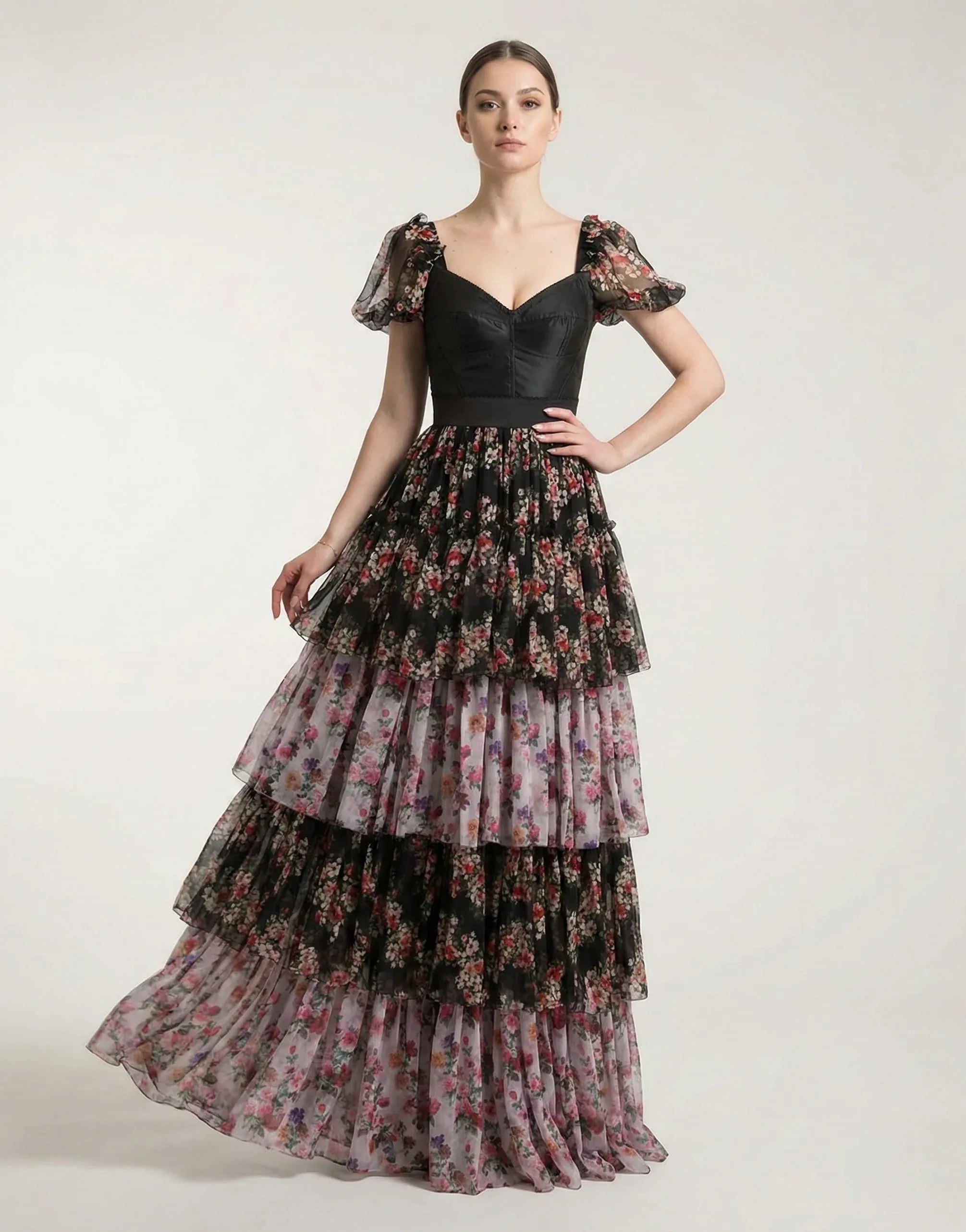 Dolce & Gabbana Tiered Shirred Floral-Print Silk Gown - alternate view