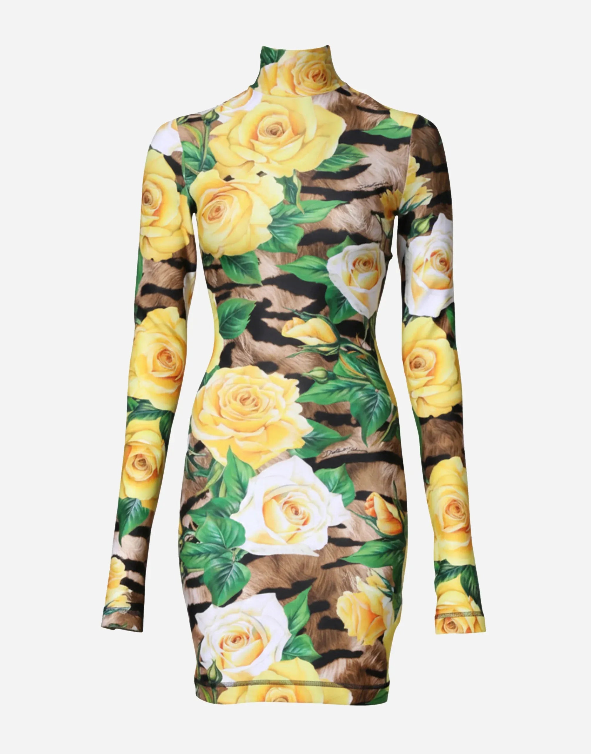 Dolce & Gabbana Tiger And Floral Print High-Neck Mini Dress