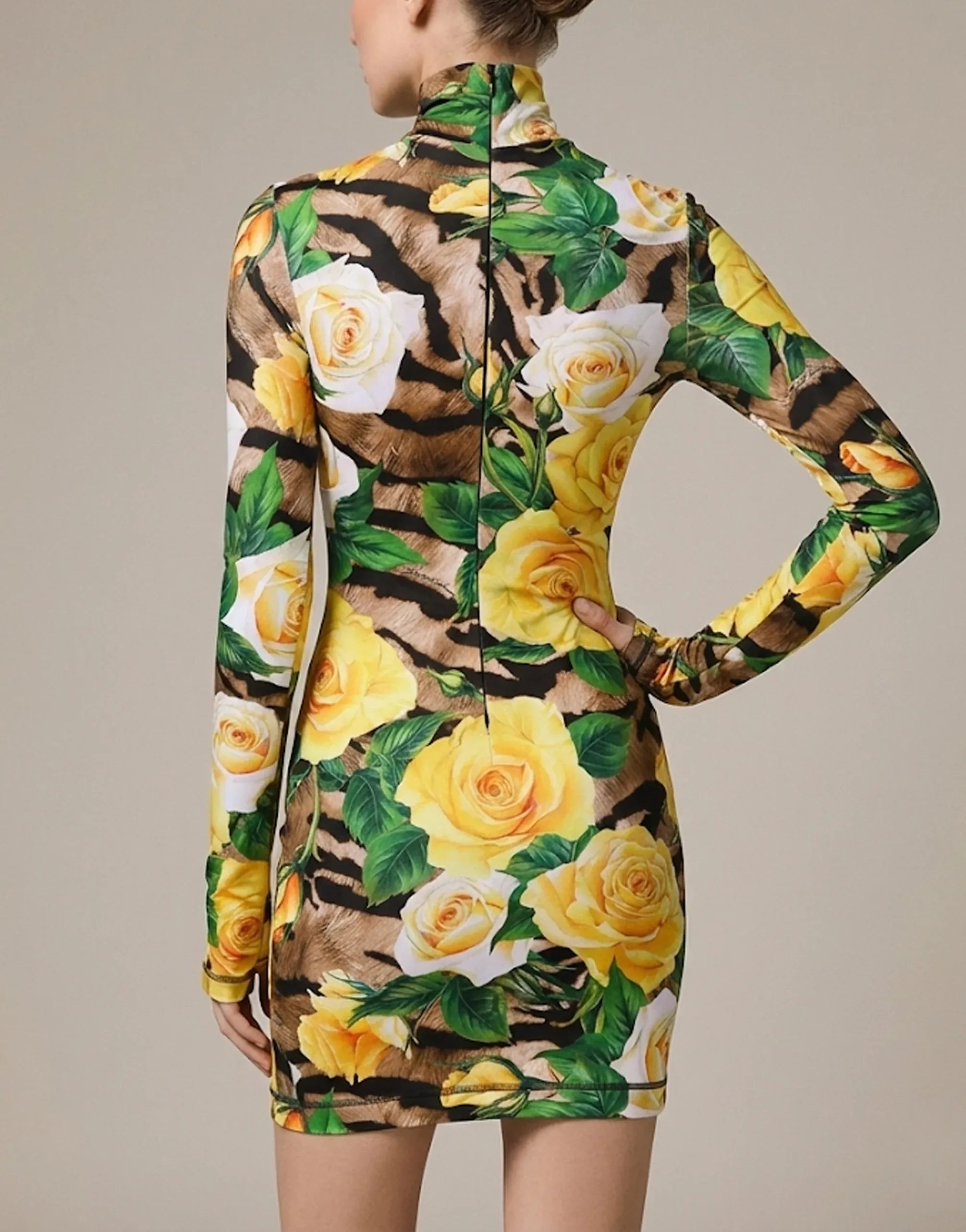 Dolce & Gabbana Tiger And Floral Print High-Neck Mini Dress