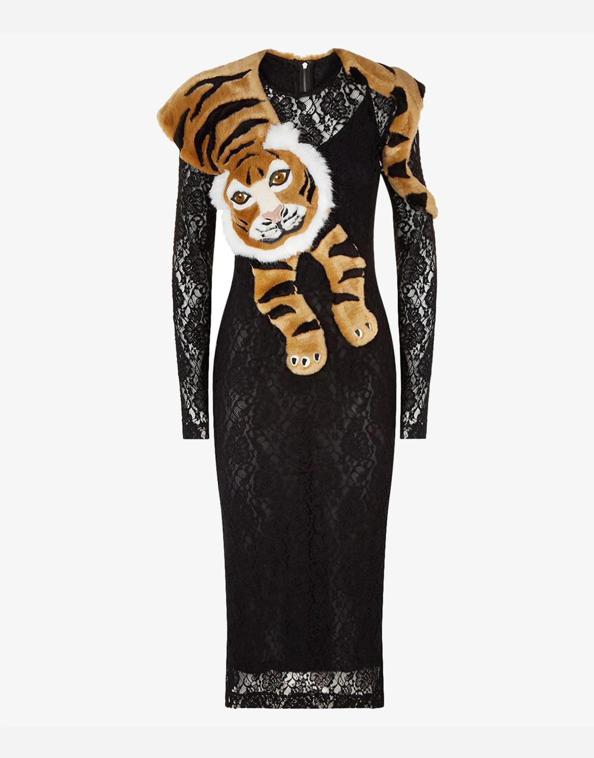Dolce & Gabbana Tiger Appliqué Lace Midi Dress