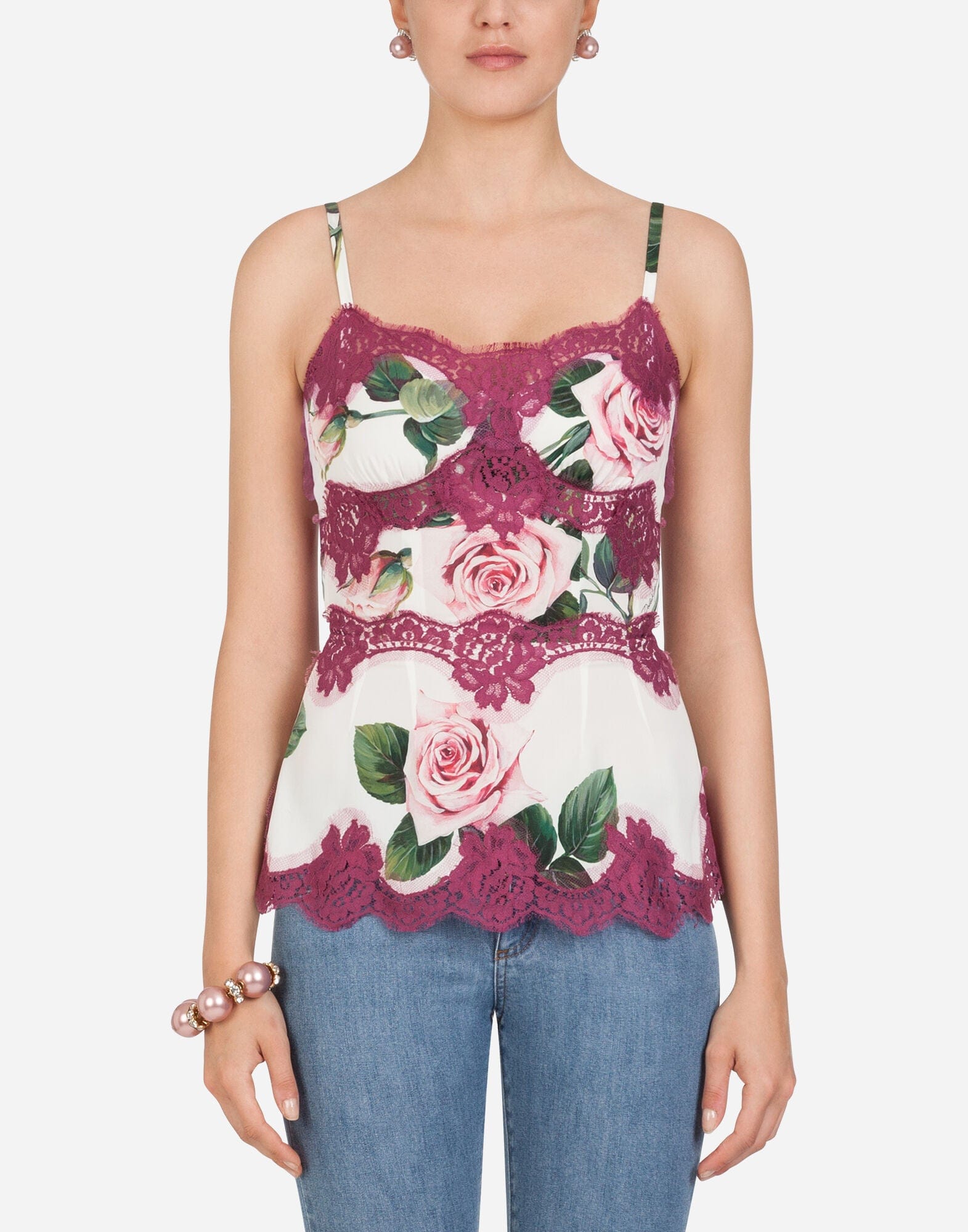 Dolce & Gabbana Tropical Rose-Print Lace Top