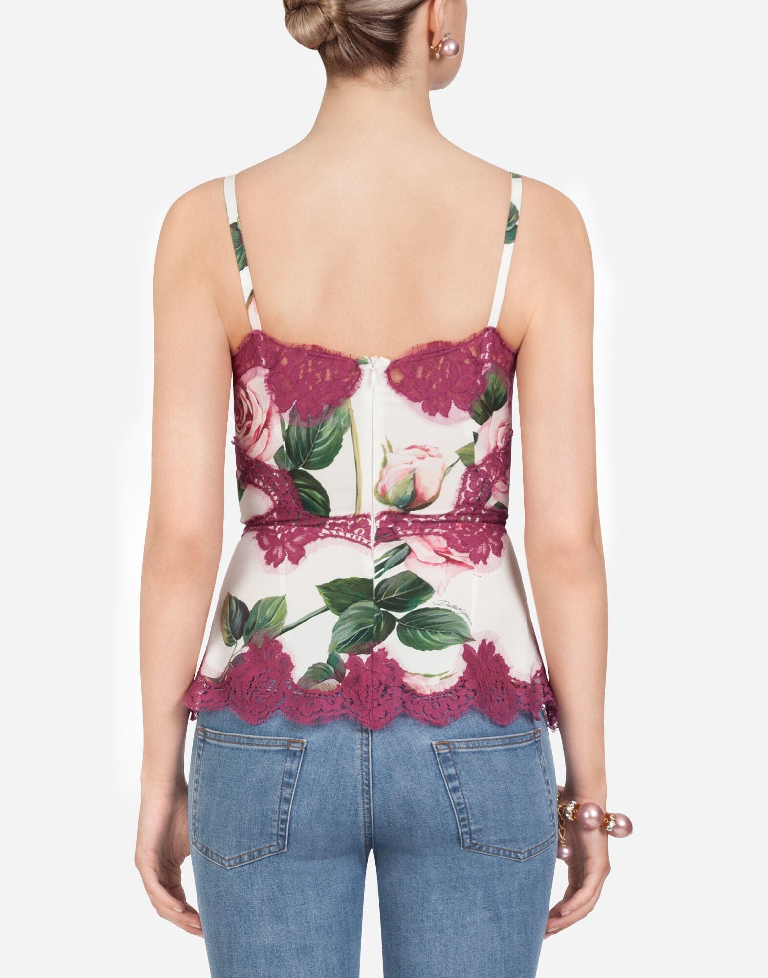 Dolce & Gabbana Tropical Rose-Print Lace Top