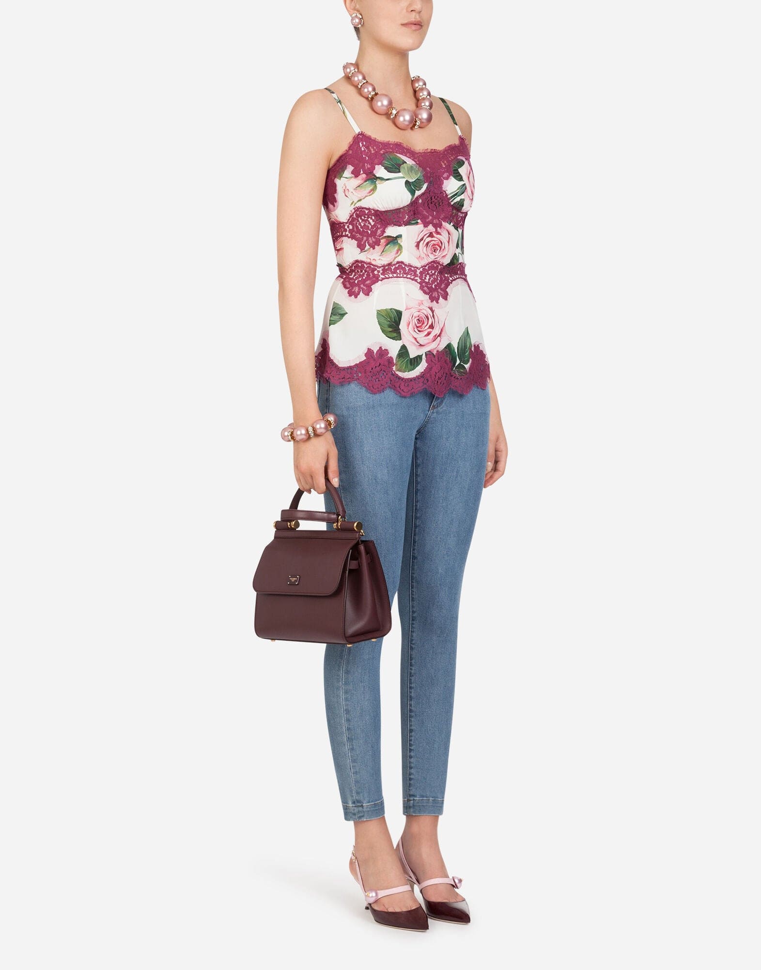 Dolce & Gabbana Tropical Rose-Print Lace Top