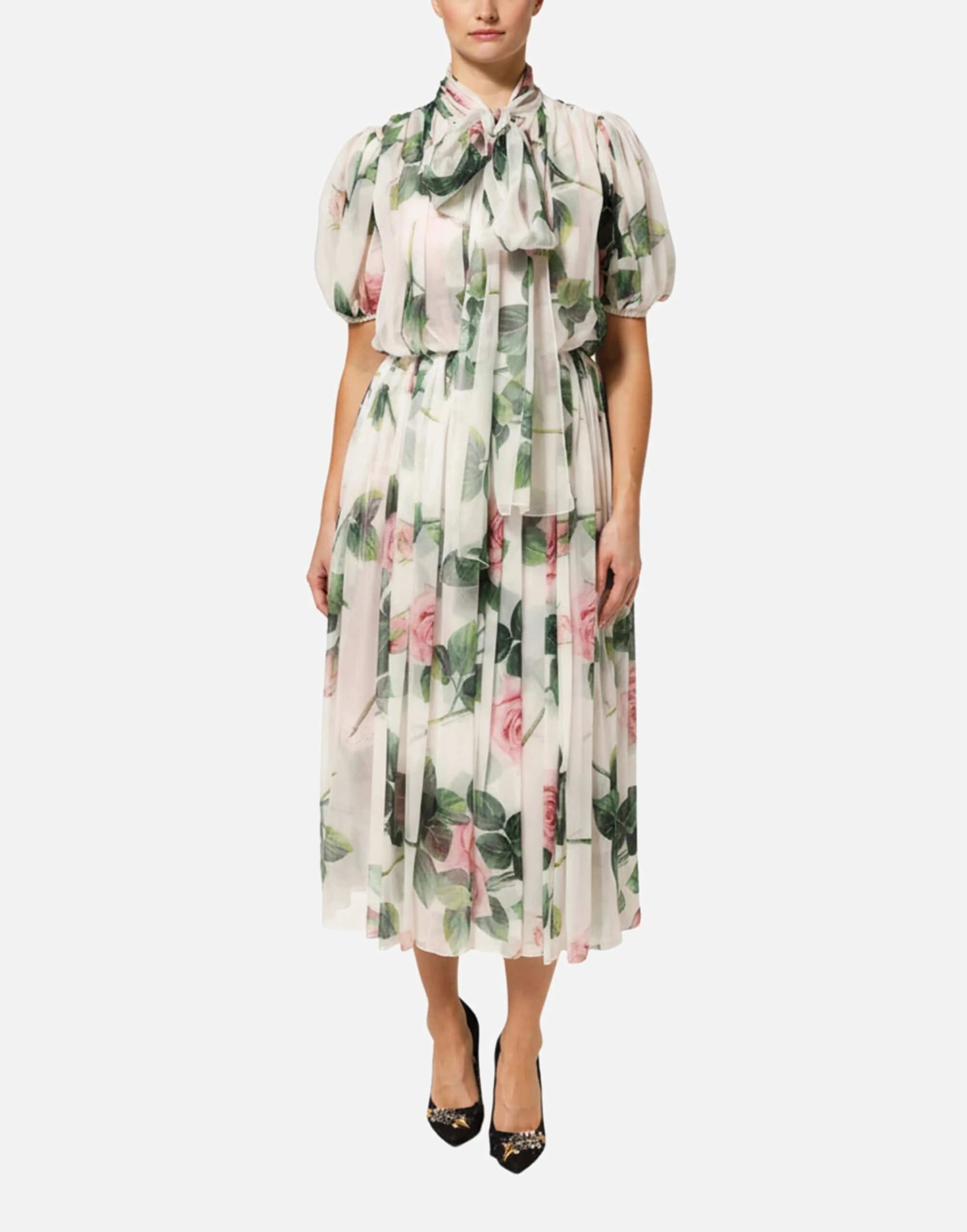 Dolce & Gabbana Tropical-Rose Print Longuette Maxi Dress