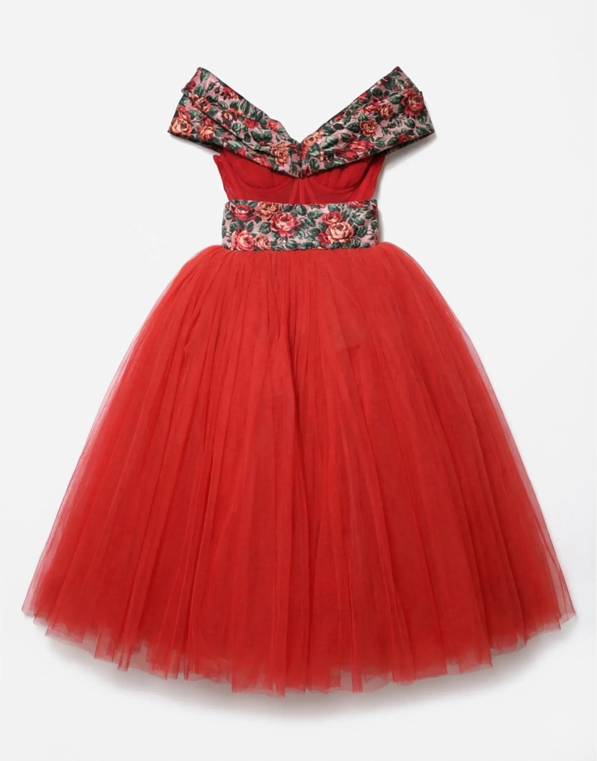 Dolce & Gabbana Tulle & Floral Brocade Off-Shoulder Dress