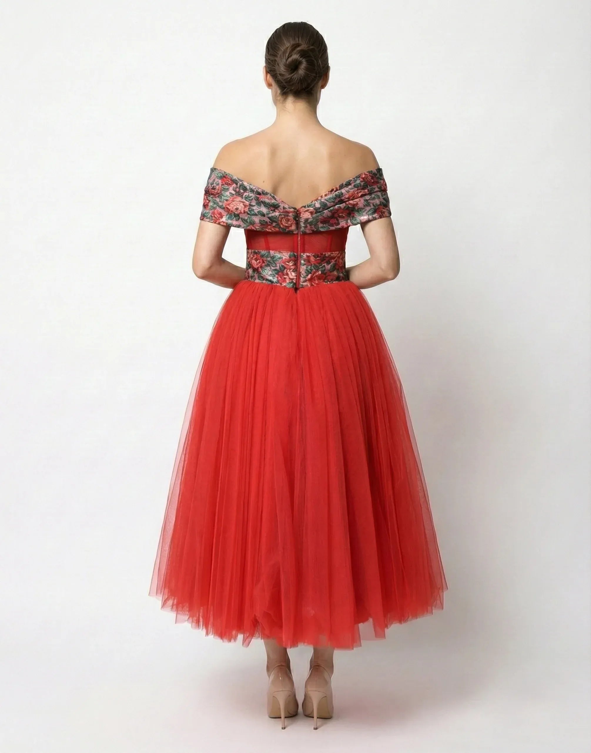 Dolce & Gabbana Tulle & Floral Brocade Off-Shoulder Dress