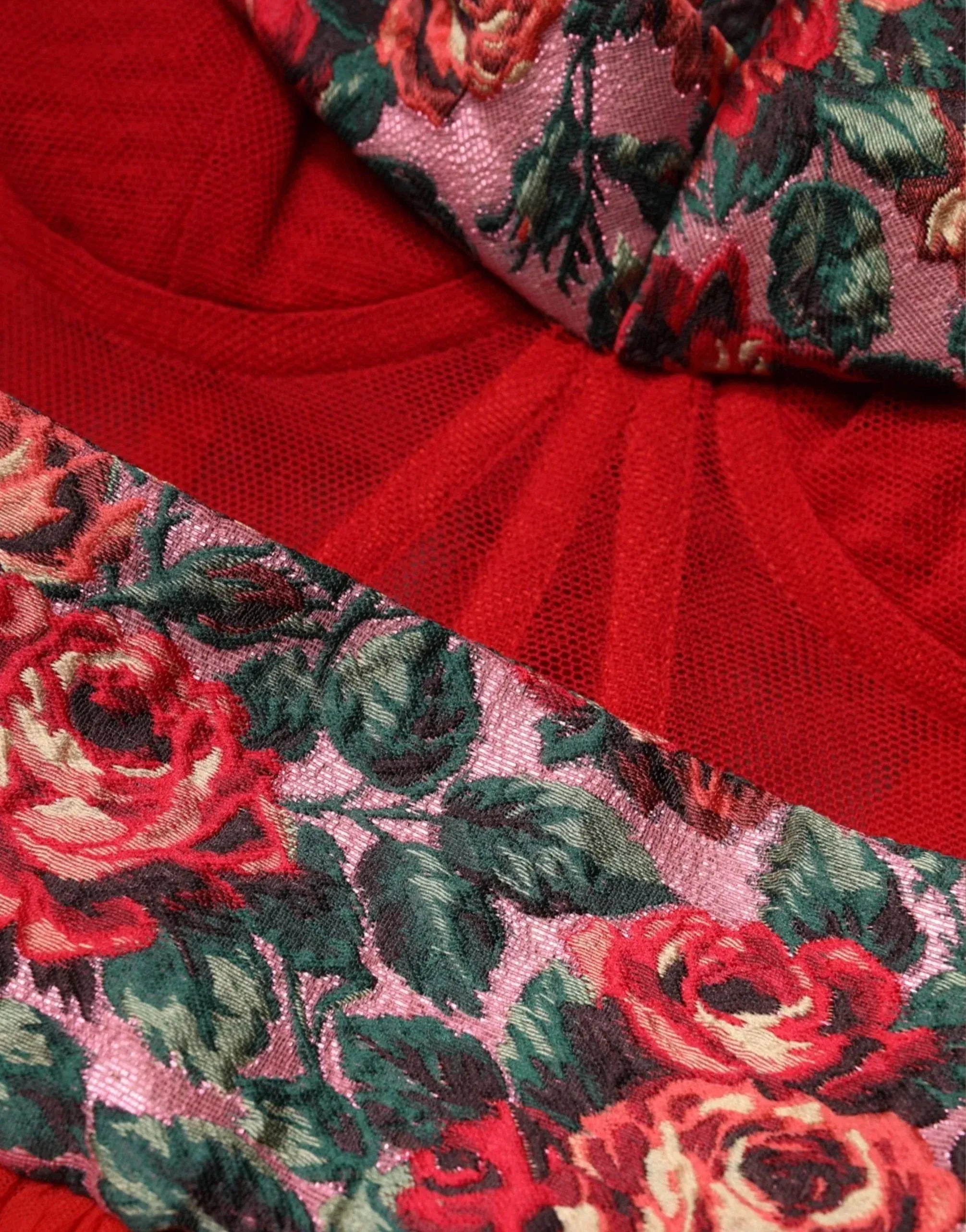 Dolce & Gabbana Tulle & Floral Brocade Off-Shoulder Dress