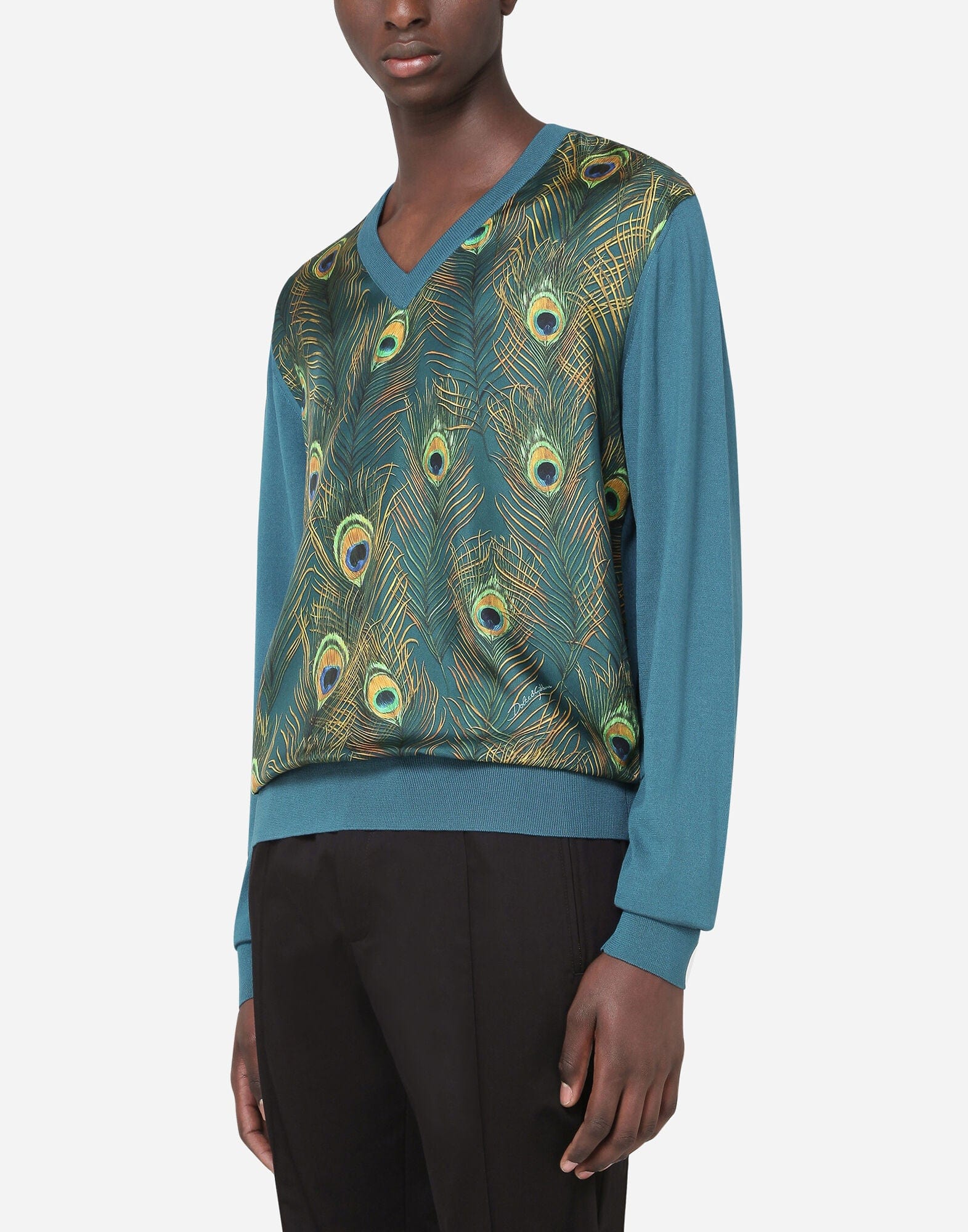 Dolce & Gabbana V-Neck Silk Sweater With Peacock-Print