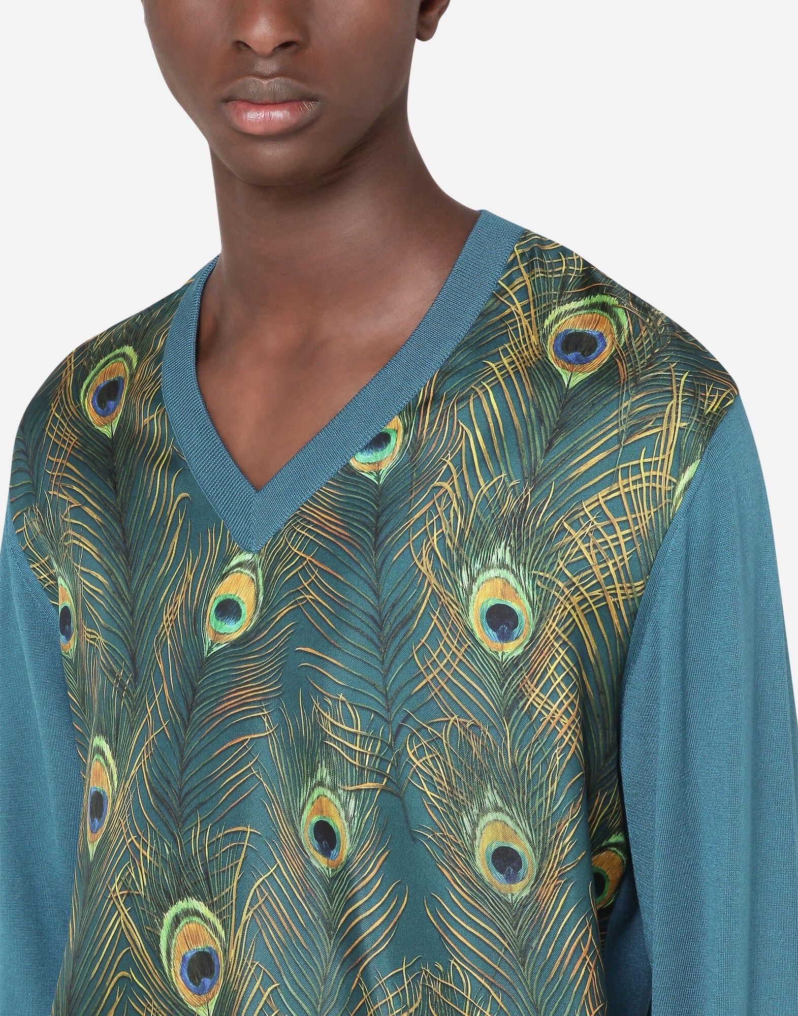 Dolce & Gabbana V-Neck Silk Sweater With Peacock-Print