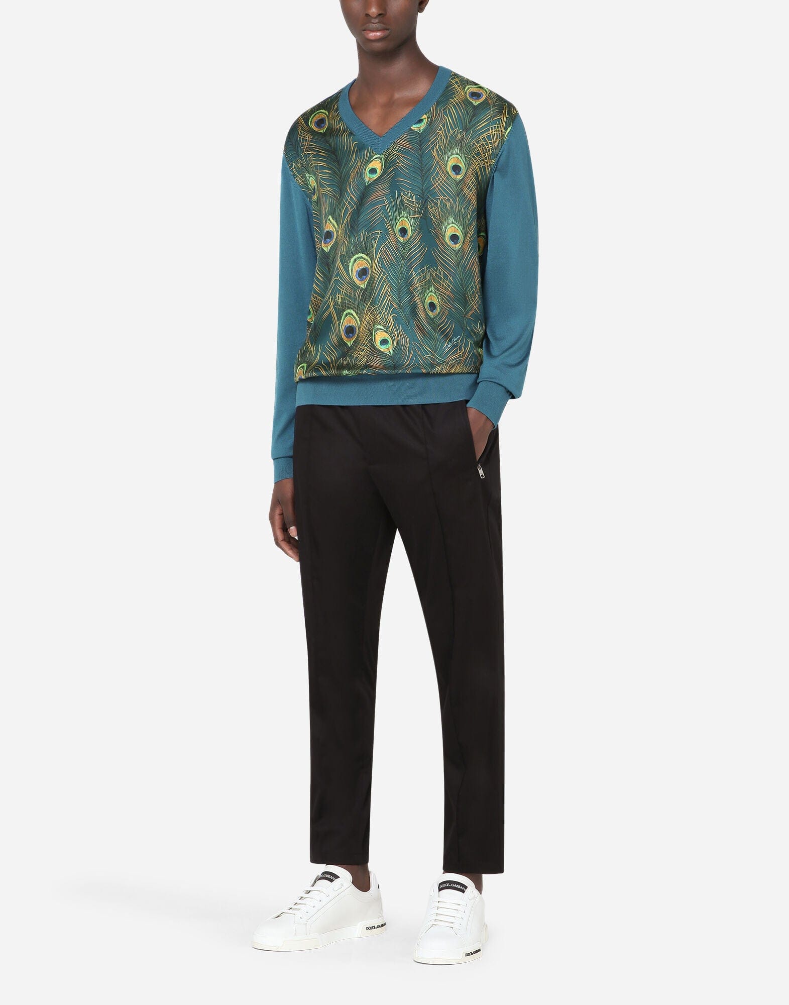 Dolce & Gabbana V-Neck Silk Sweater With Peacock-Print