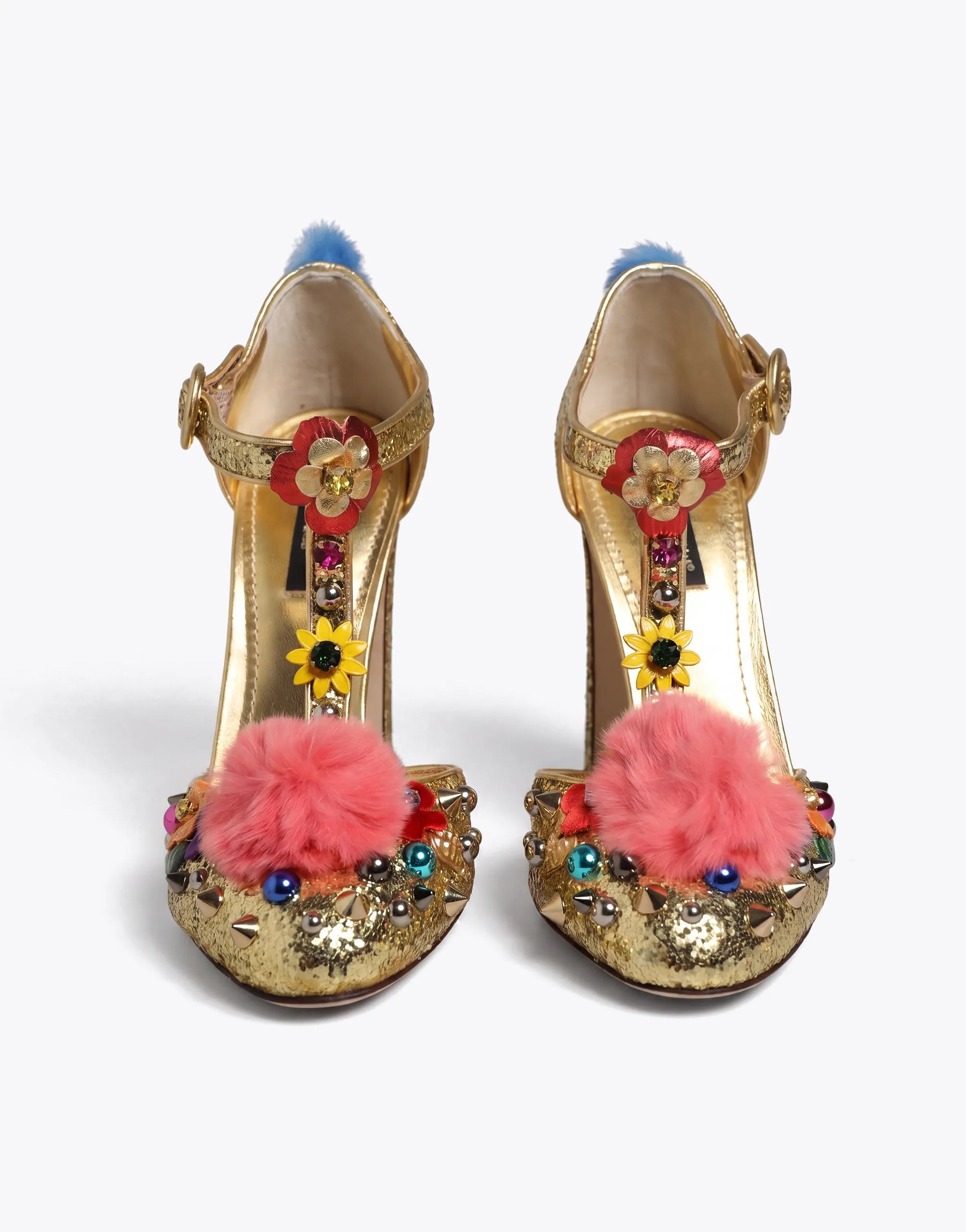 Dolce & Gabbana Vally Fur-Trimmed Glitter T-Strap Pumps