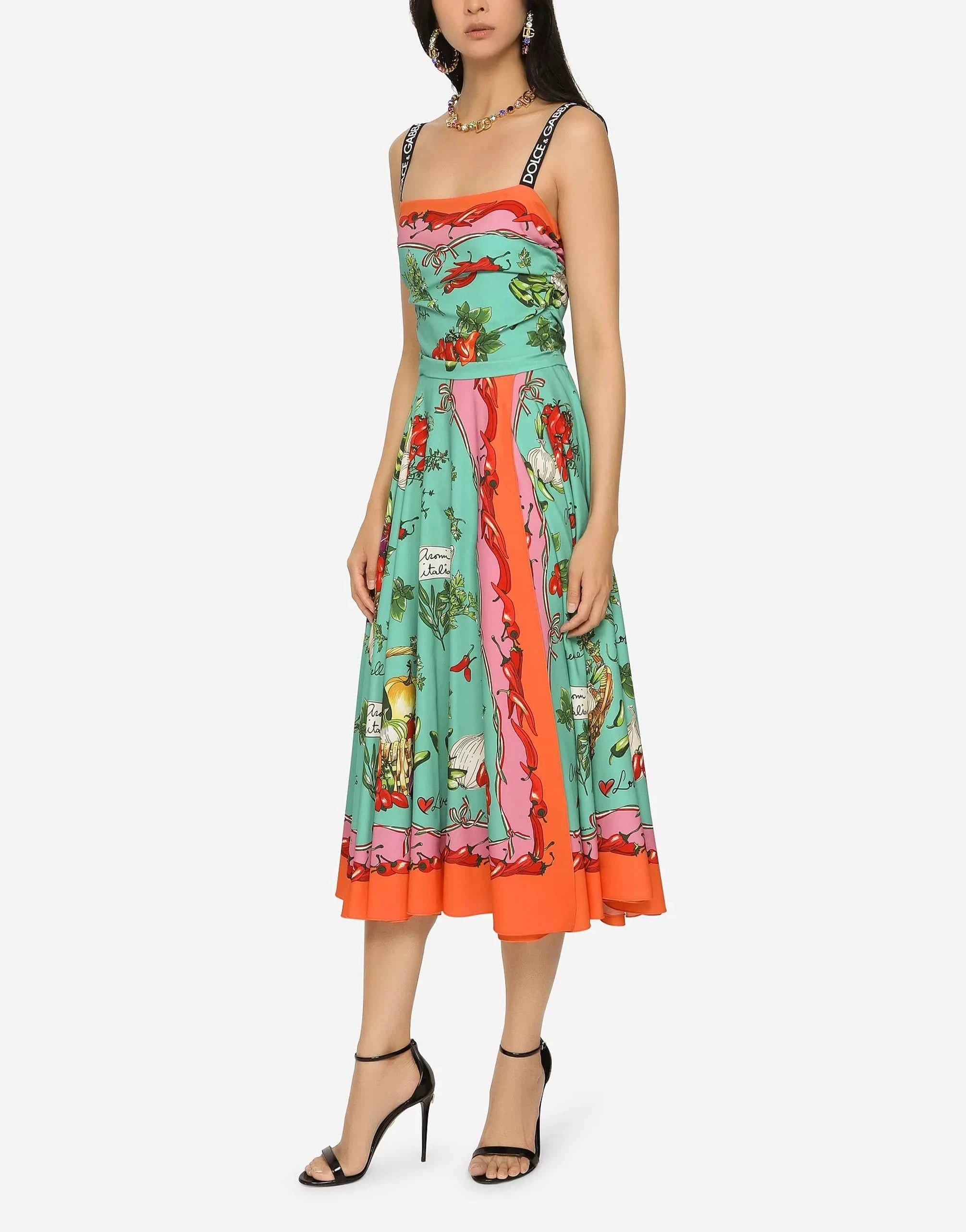 Dolce & Gabbana Vegetable-Print Charmeuse Silk Midi Dress