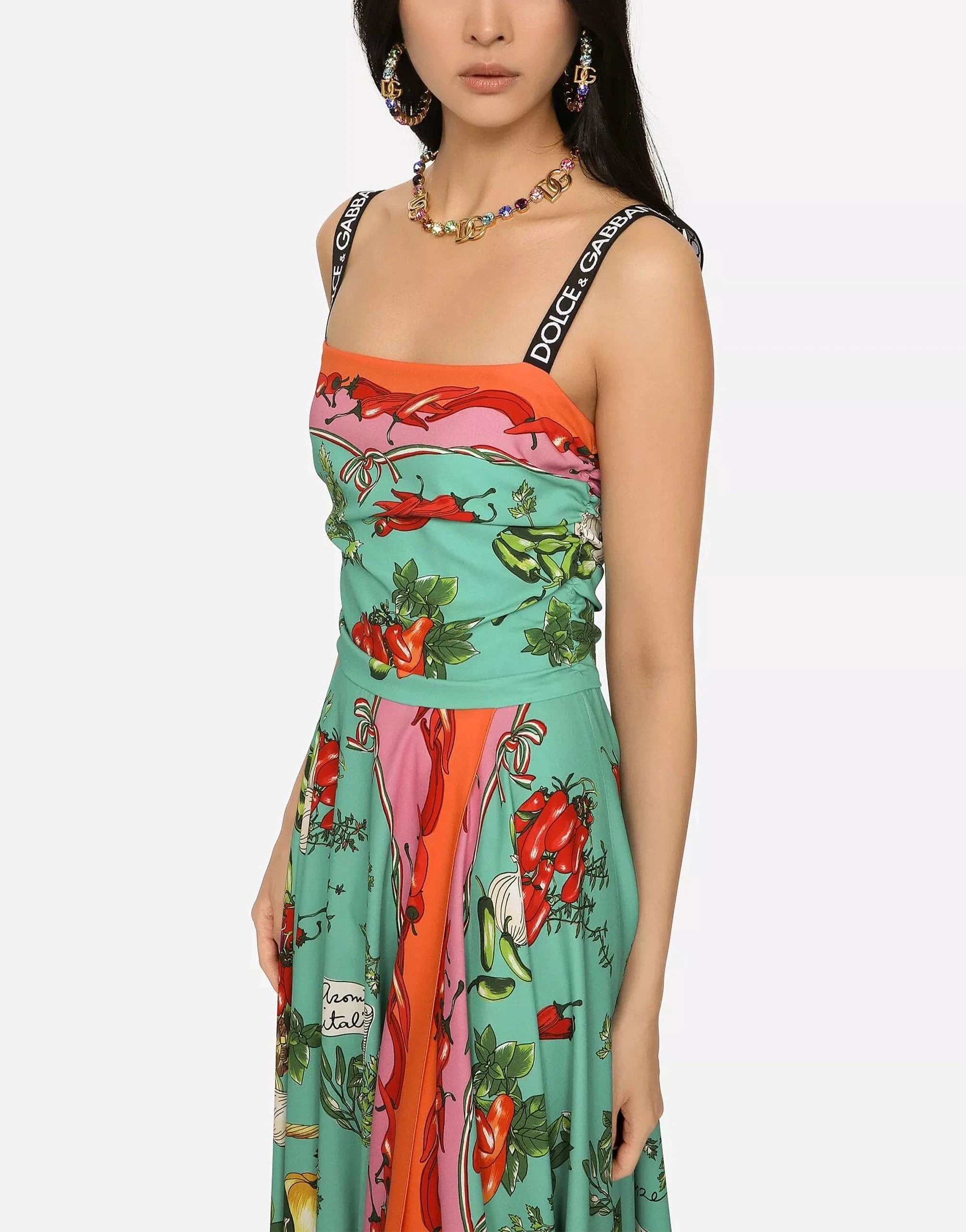 Dolce & Gabbana Vegetable-Print Charmeuse Silk Midi Dress