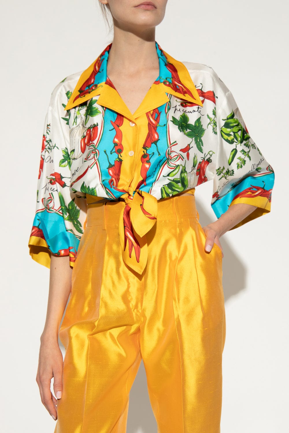 Dolce & Gabbana Vegetable-Print Cropped Silk Shirt