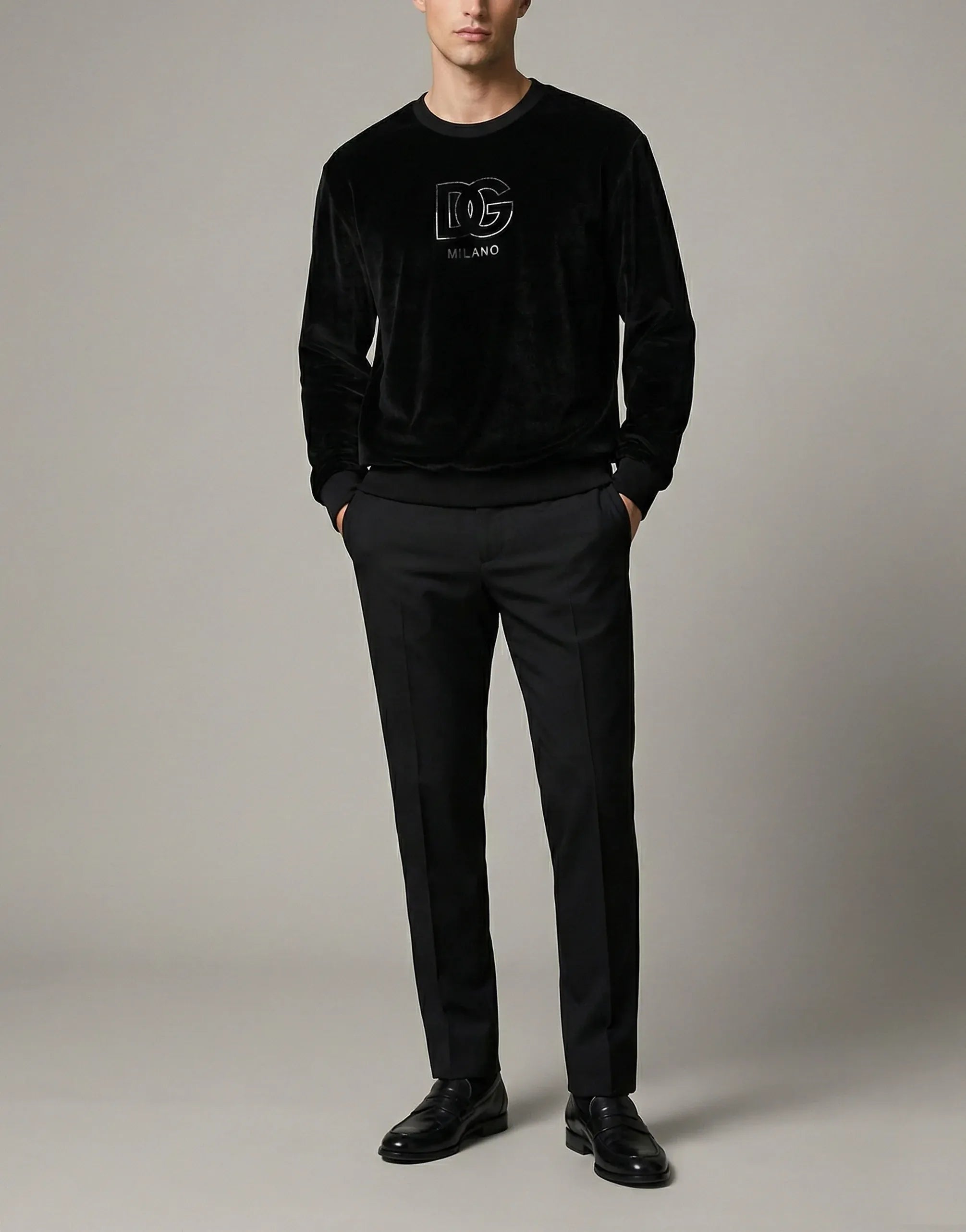 Dolce & Gabbana Velvet DG Milano Logo Crew Neck Sweatshirt