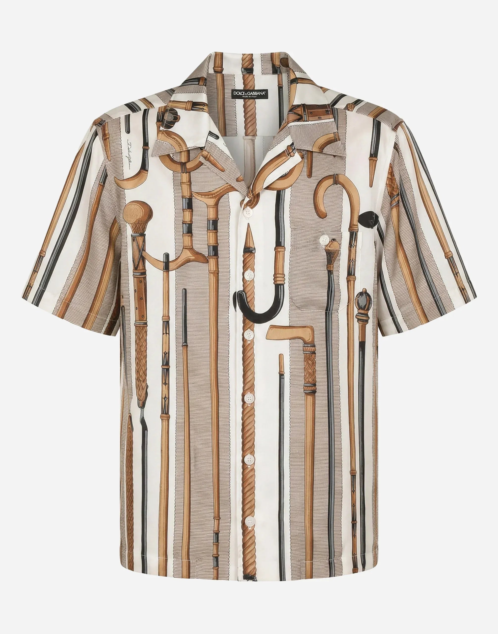Dolce & Gabbana Walking Stick Print Silk Bowling Shirt