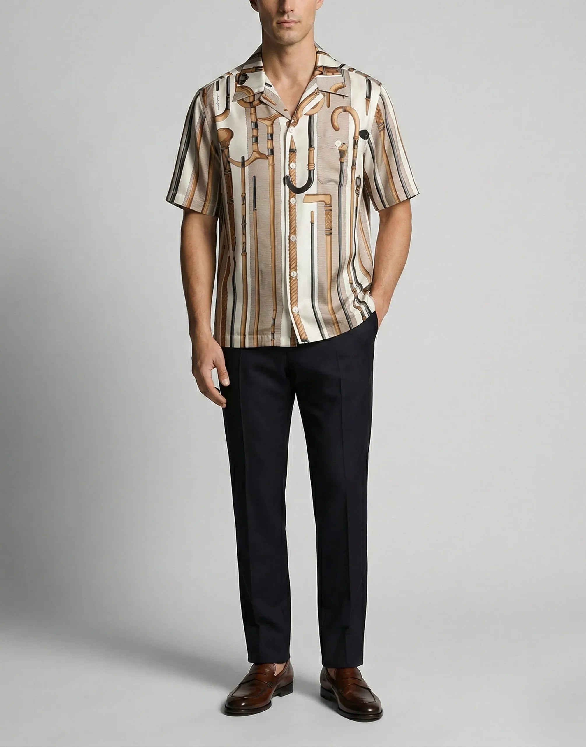 Dolce & Gabbana Walking Stick Print Silk Bowling Shirt