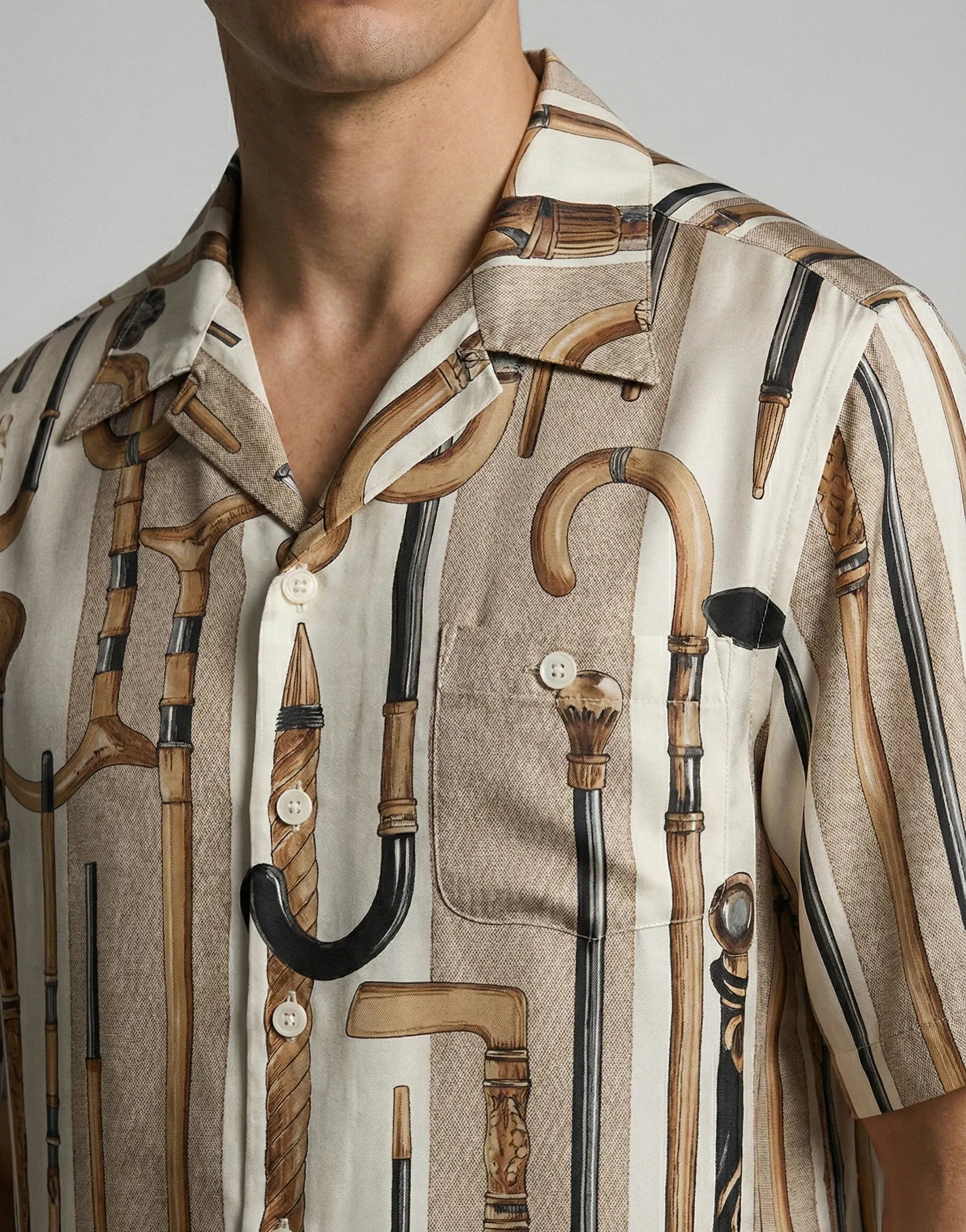 Dolce & Gabbana Walking Stick Print Silk Bowling Shirt