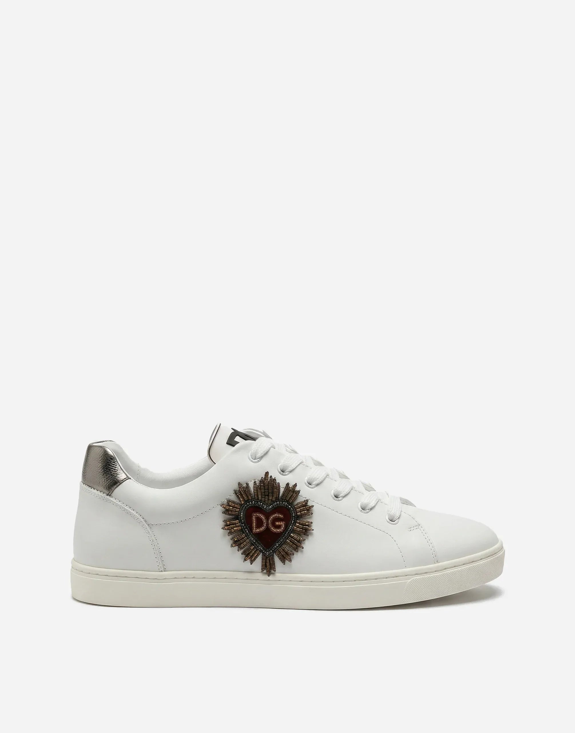 Dolce & Gabbana White Heart-Embellished Leather Sneakers